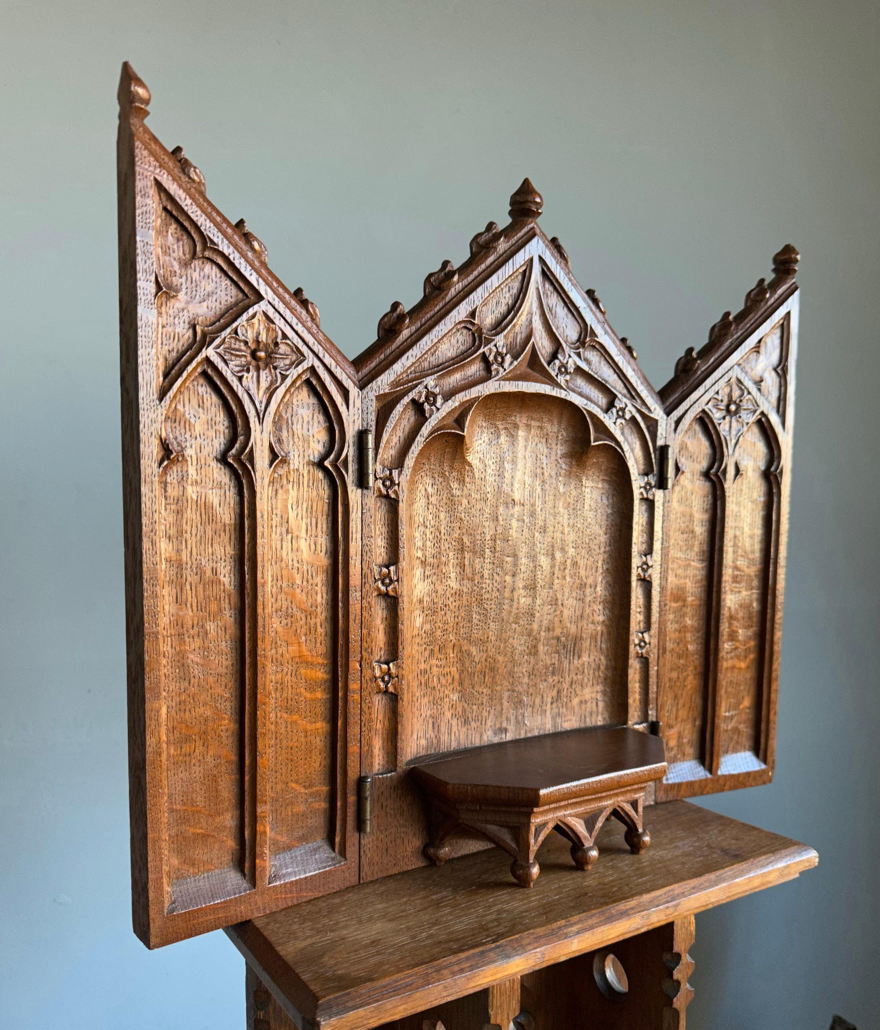 Antique Fine Handcarved Oak Gothic Revival Wall Shrine / Chapel w Mary Statuette 1