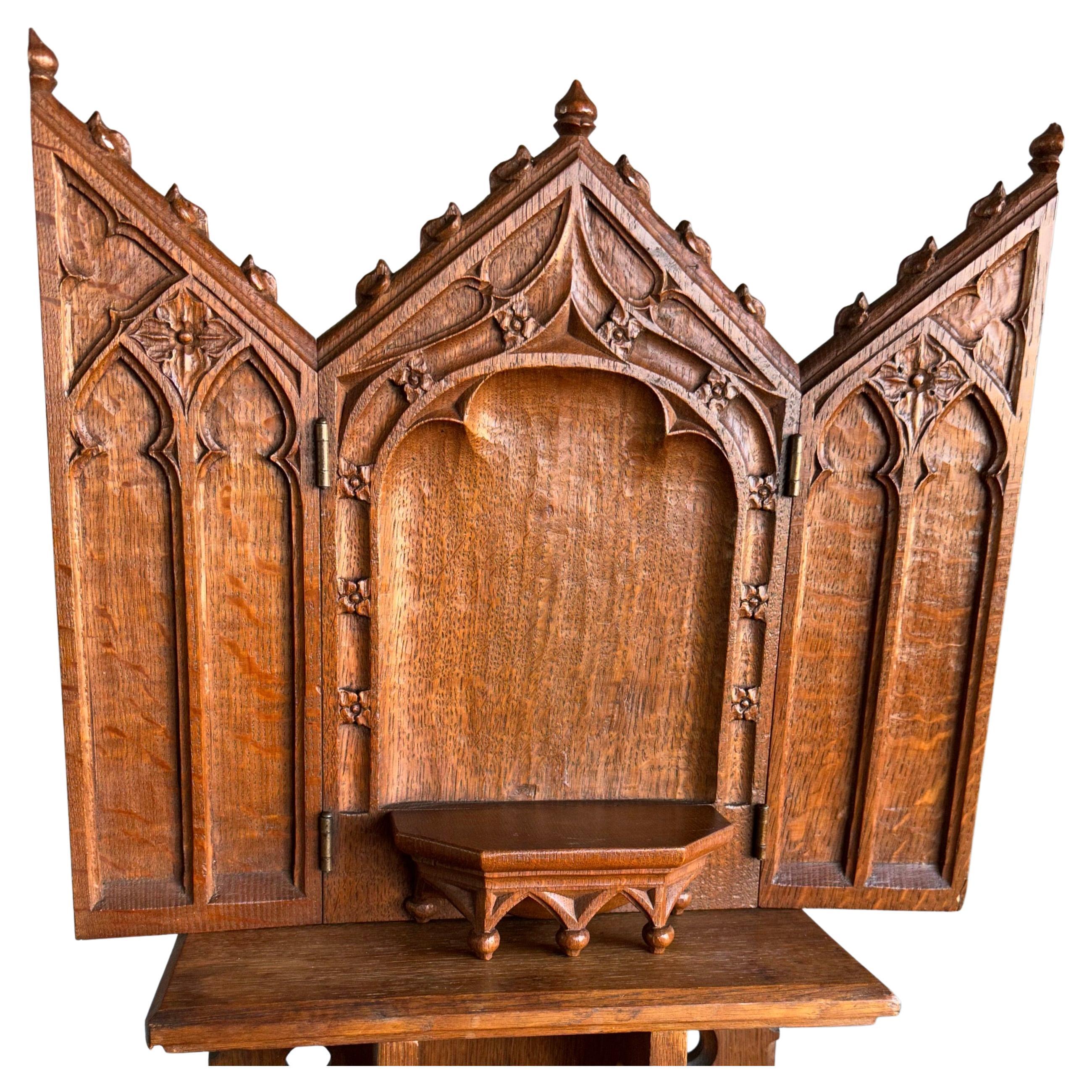 Antique Fine Handcarved Oak Gothic Revival Wall Shrine / Chapel w Mary Statuette