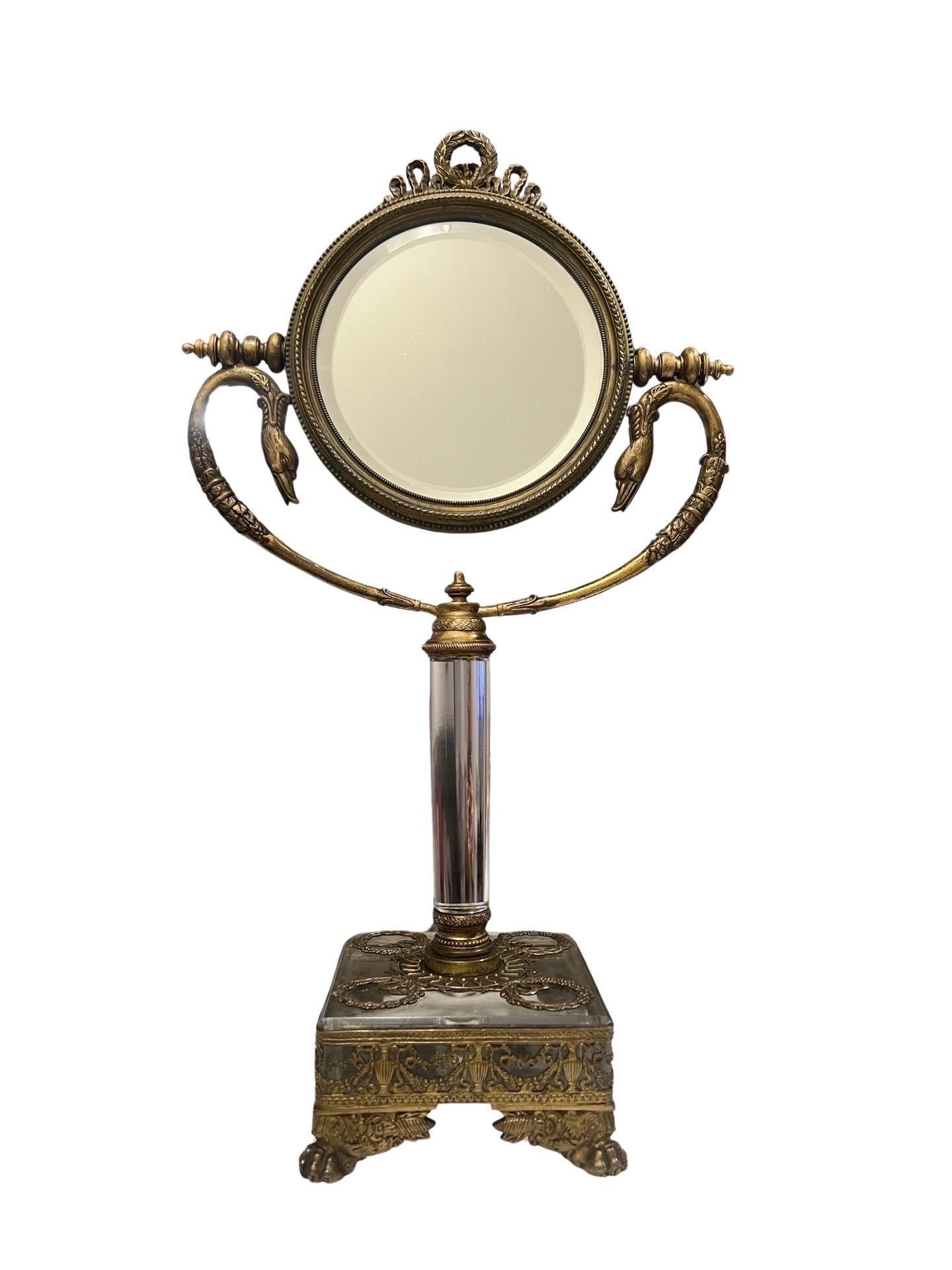 French Antique Fine Neoclassical Gilt Bronze & Glass Vanity Mirror W/ Swan Supports For Sale