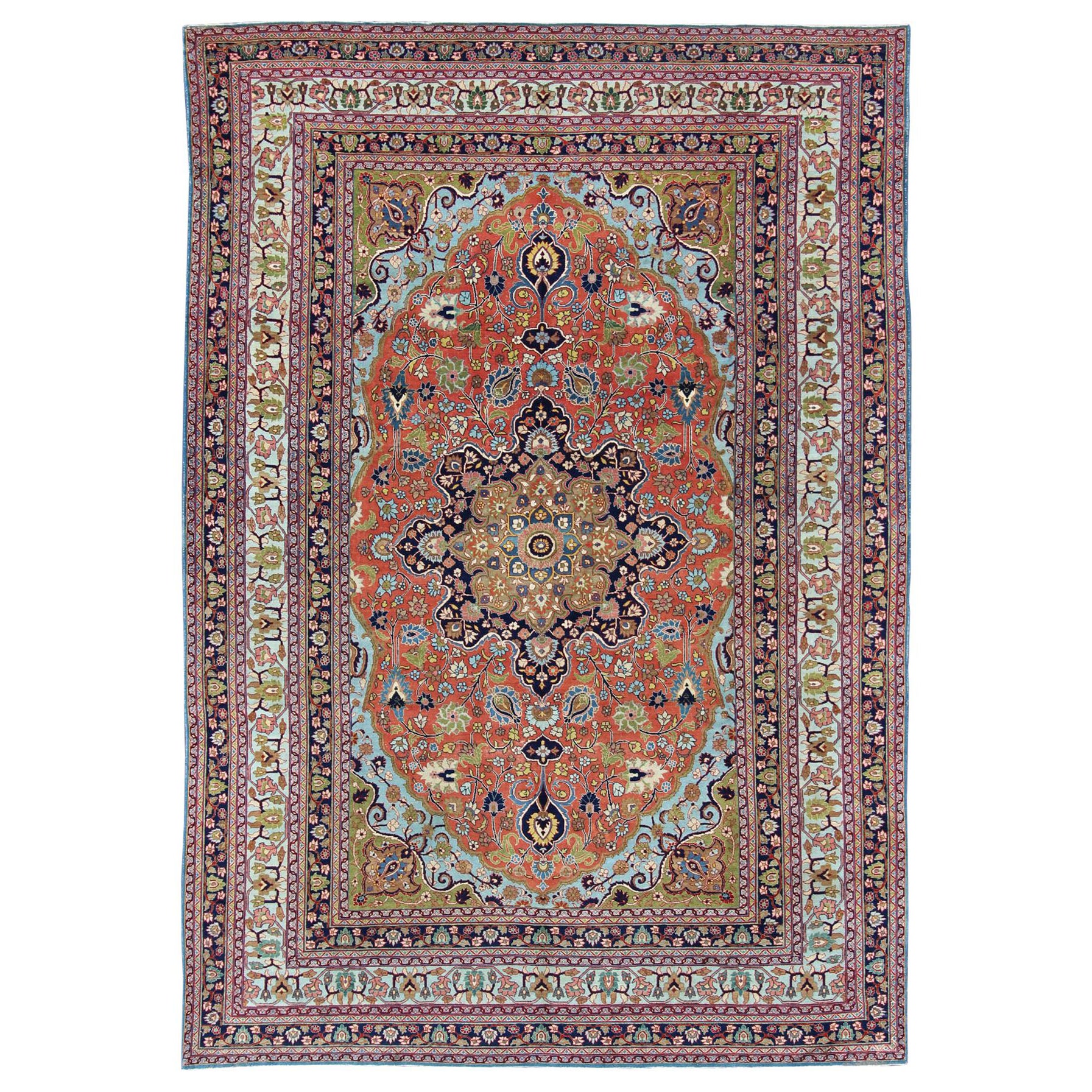Tappeto Tabriz antico dal design classico persiano in arancione, blu e multicolore