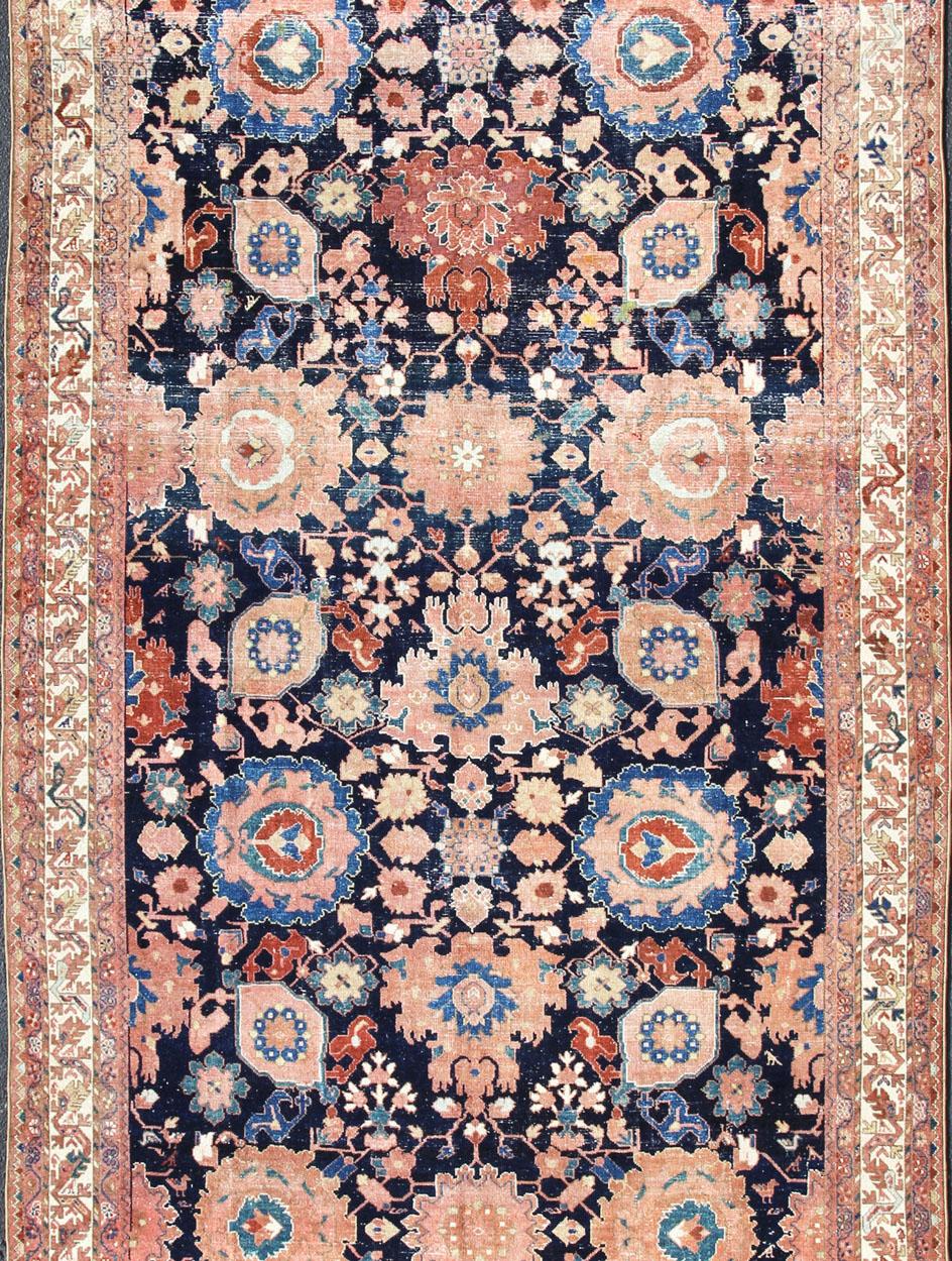 Hand-Knotted Antique Fine Persian Malayer Rug with All-Over Design in Navy Blue Field For Sale