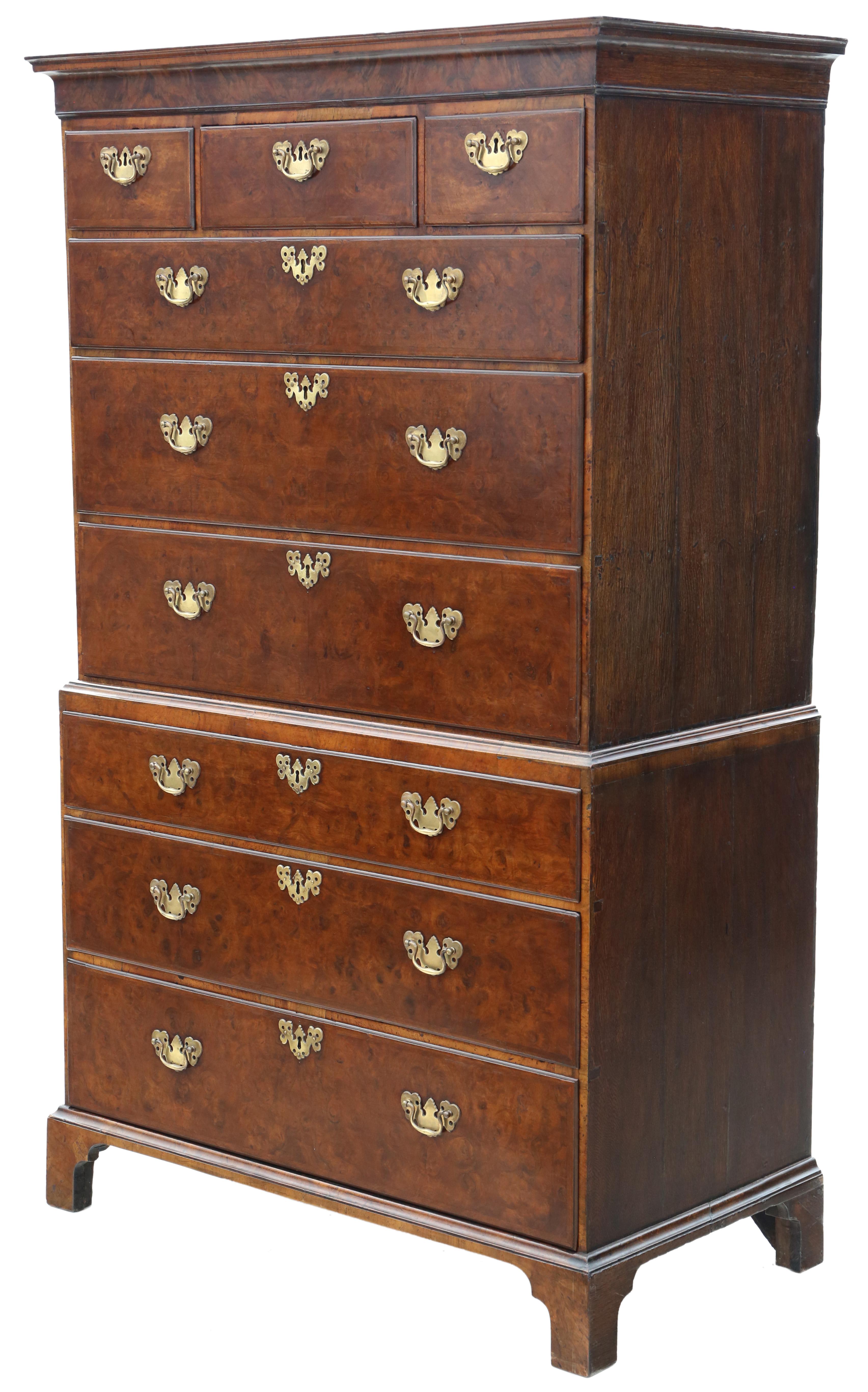 Antique fine quality 18th Century burr walnut tallboy chest on chest of drawers.
This is a lovely chest, that has been restored historically to a good standard. Attractive burr walnut veneers to the front on an oak structure.
Solid strong and