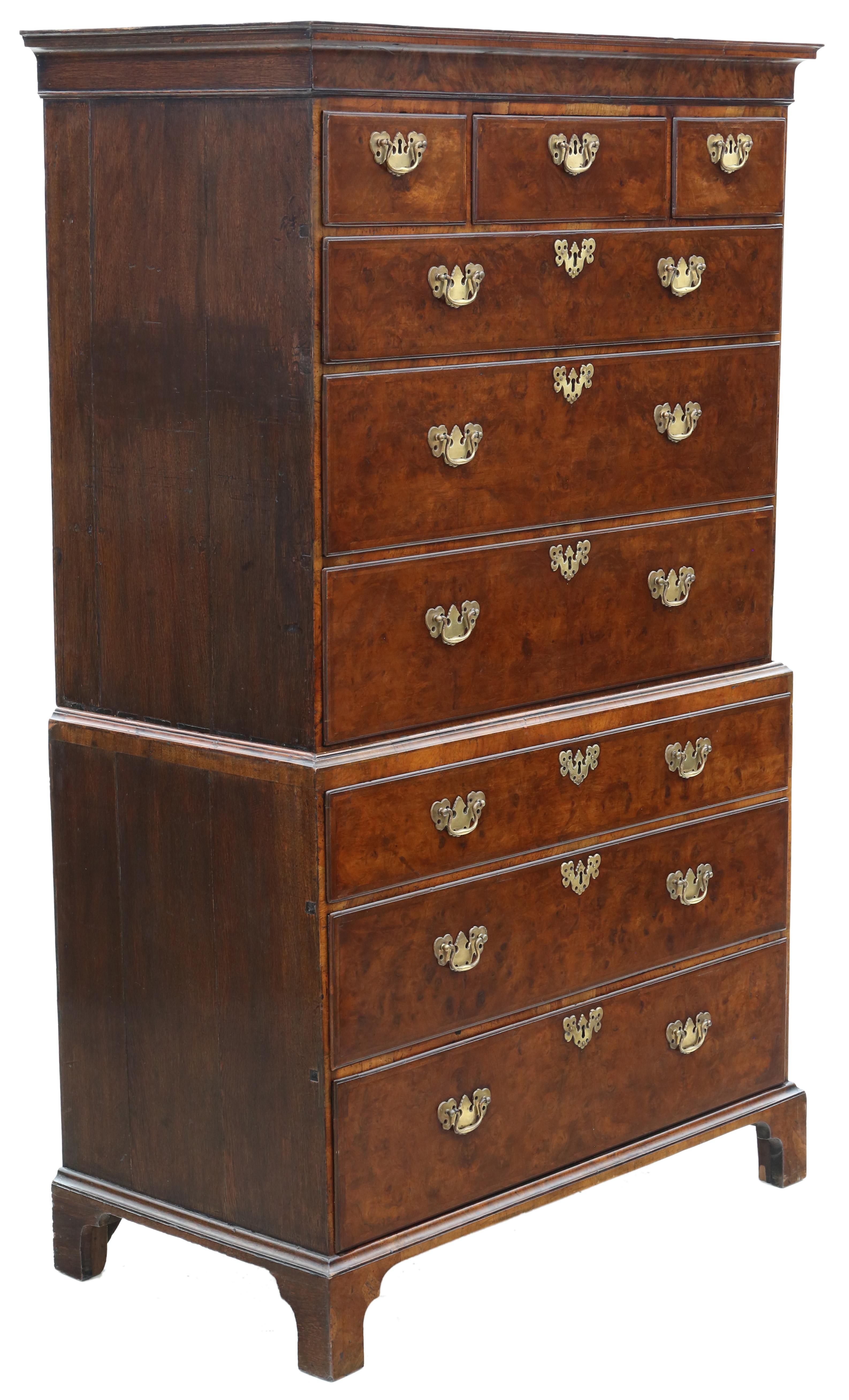 Antique fine quality 18th Century burr walnut tallboy chest on chest of drawers In Good Condition For Sale In Wisbech, Cambridgeshire