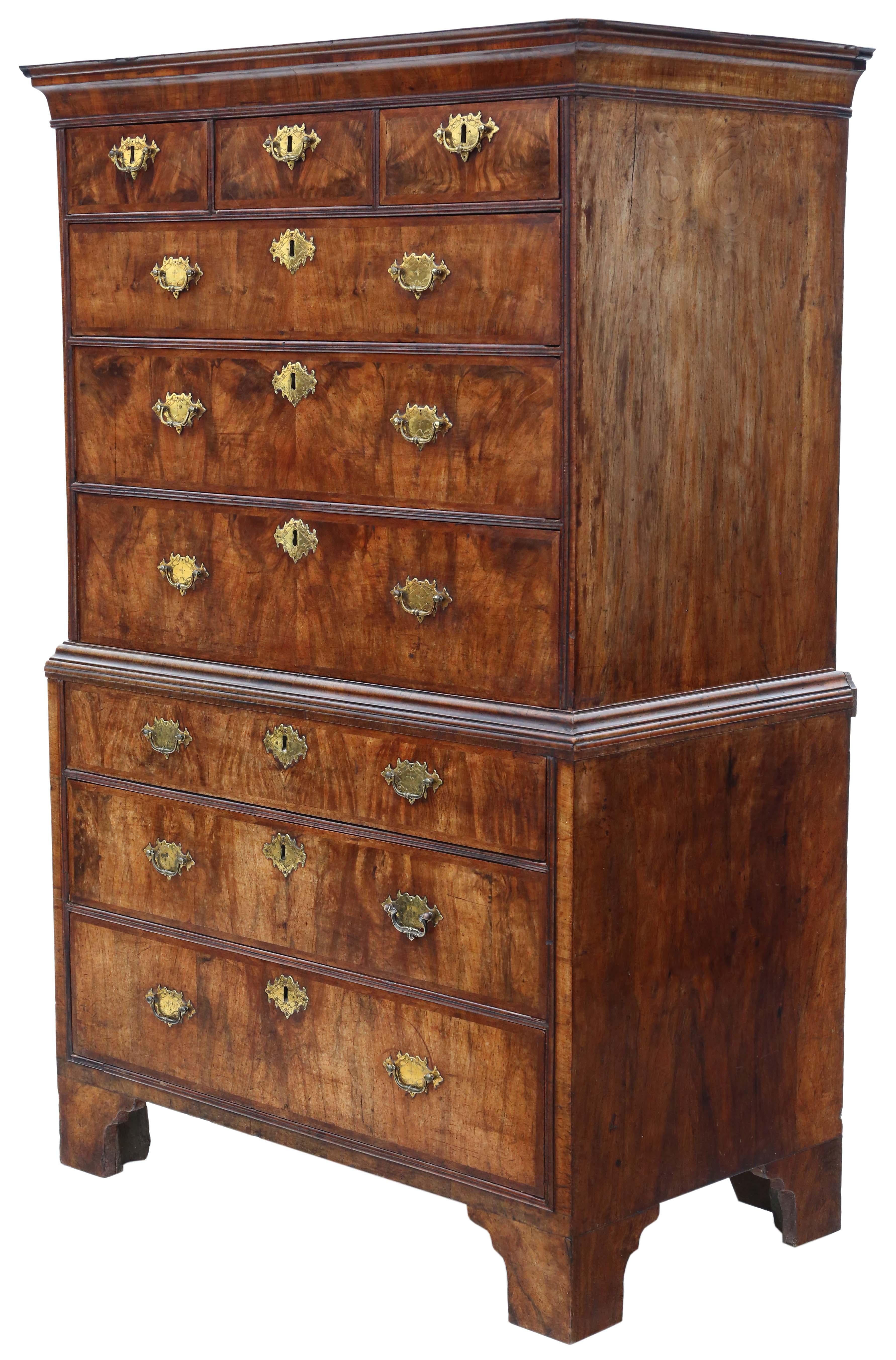 Wood Antique fine quality 18th Century burr walnut tallboy chest on chest of drawers For Sale