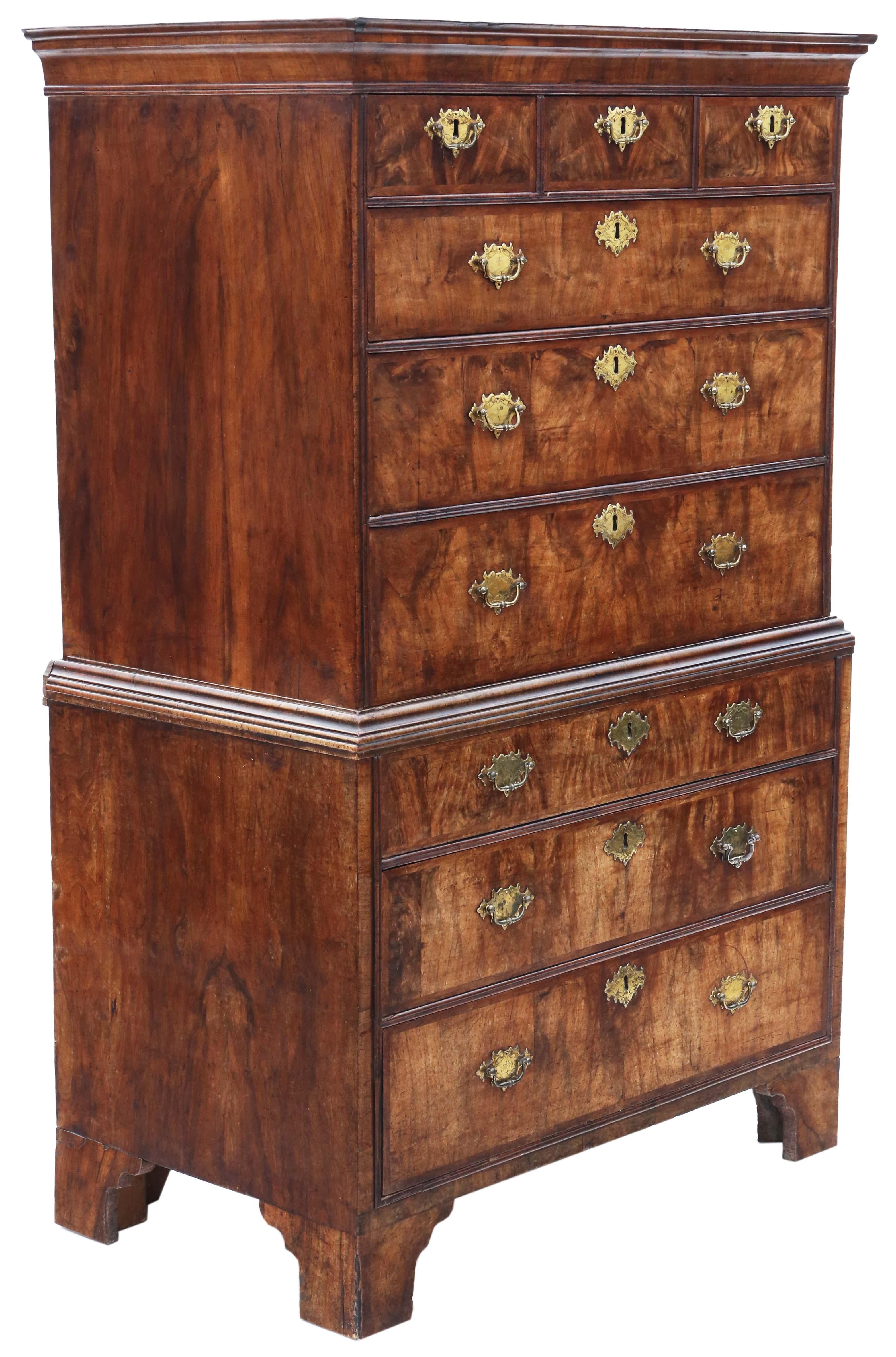 Antique fine quality 18th Century burr walnut tallboy chest on chest of drawers For Sale 1