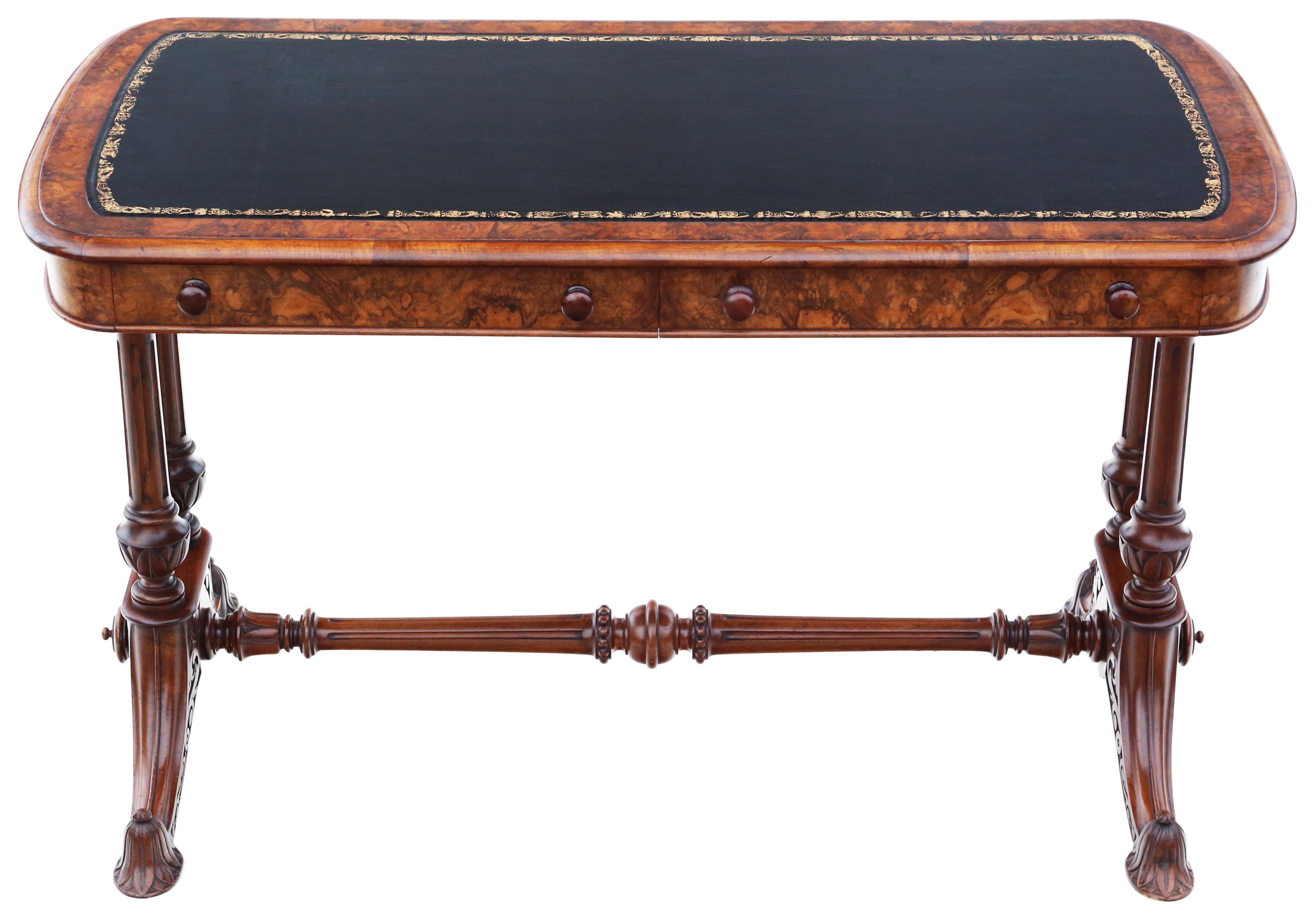 Antique fine quality 19th Century burr walnut library writing table desk. Lovely age colour and patina. Recently restored to a good standard and has a beautiful tooled leather skiver.

No loose joints and no woodworm. Full of age, character and