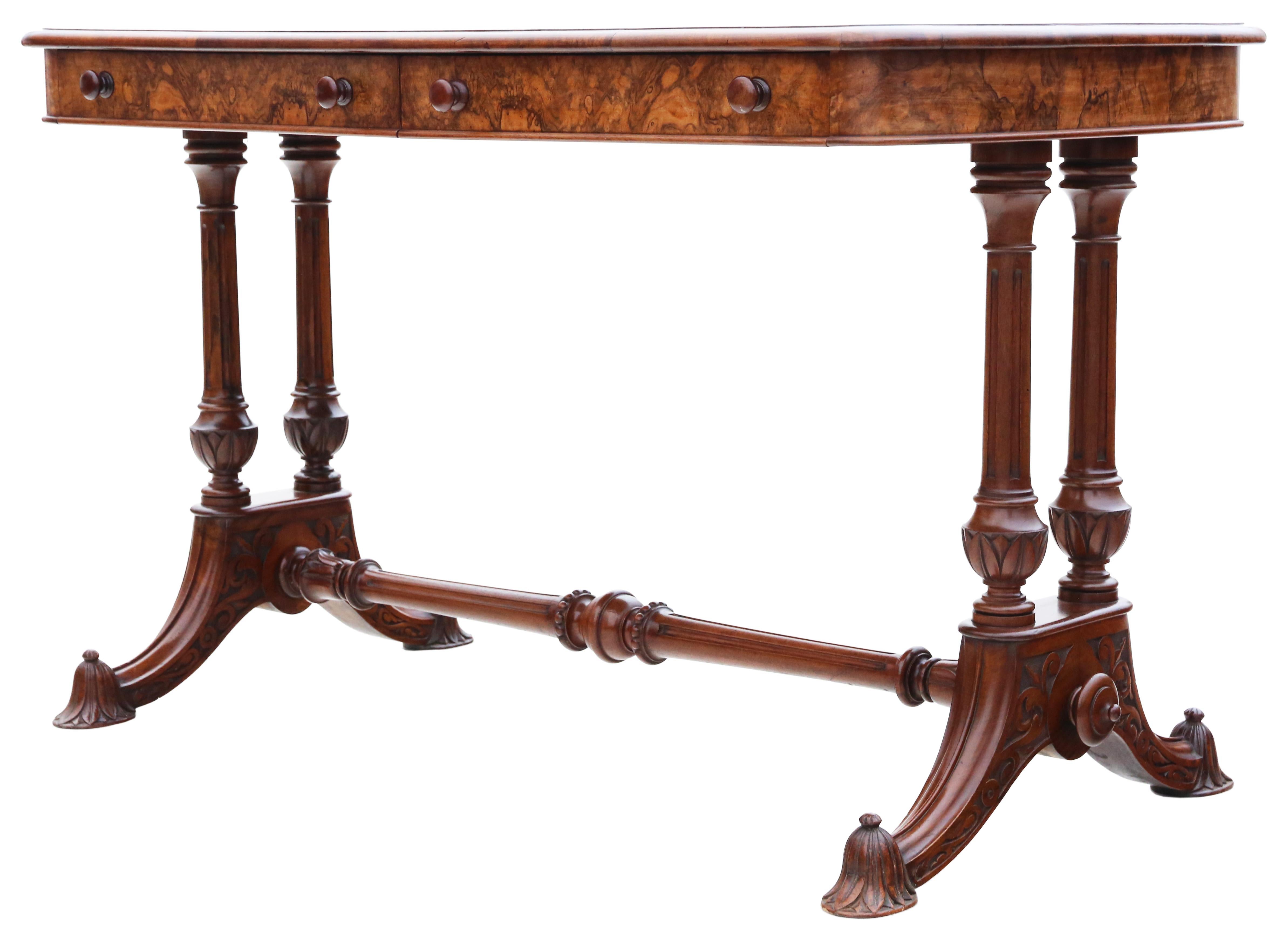 Wood Antique fine quality 19th Century burr walnut library writing table desk For Sale