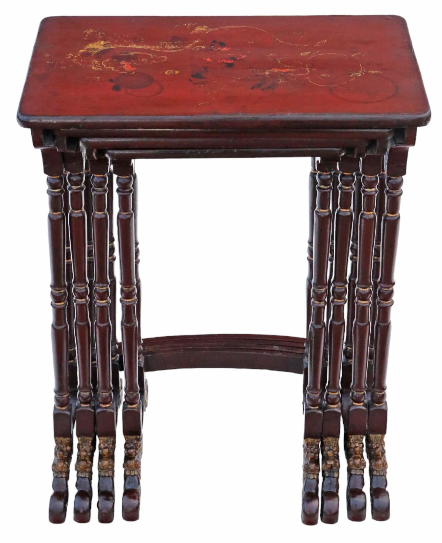 Antique, high-quality Chinoiserie decorated lacquer nest of four tables from the late 19th Century.

This set is very attractive, showcasing lovely proportions and styling—truly a rare find.

The tables are free from loose joints or woodworm. The