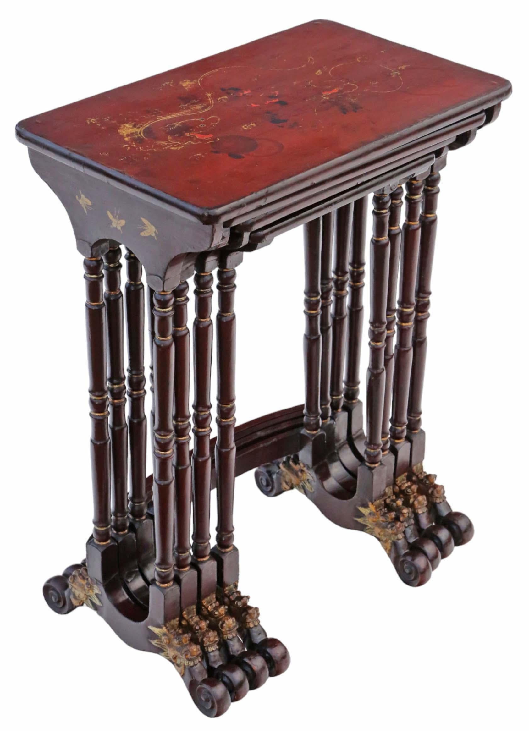 Antique fine quality 19th Century Chinoiserie decorated lacquer nest of 4 tables For Sale 1