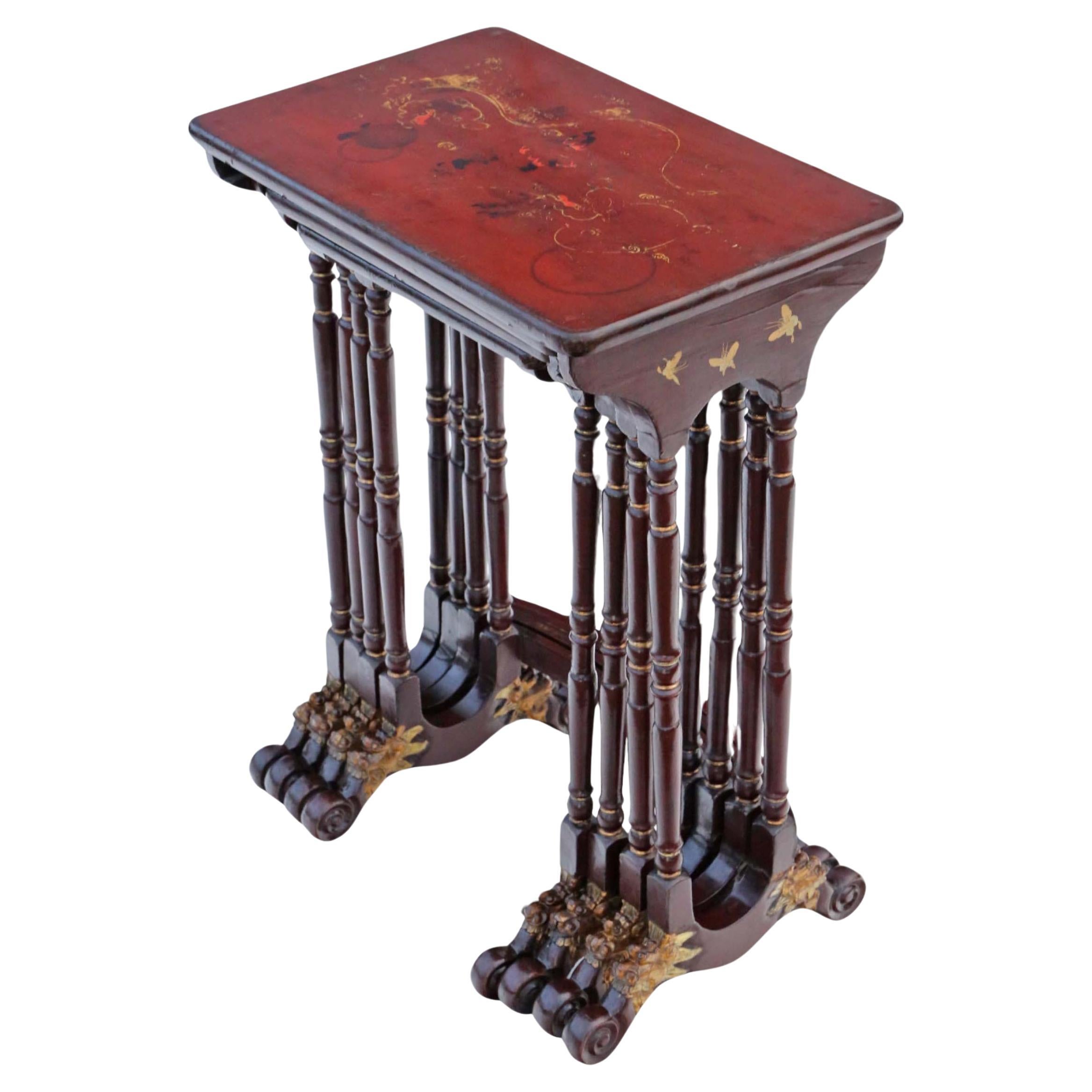 Antique fine quality 19th Century Chinoiserie decorated lacquer nest of 4 tables For Sale