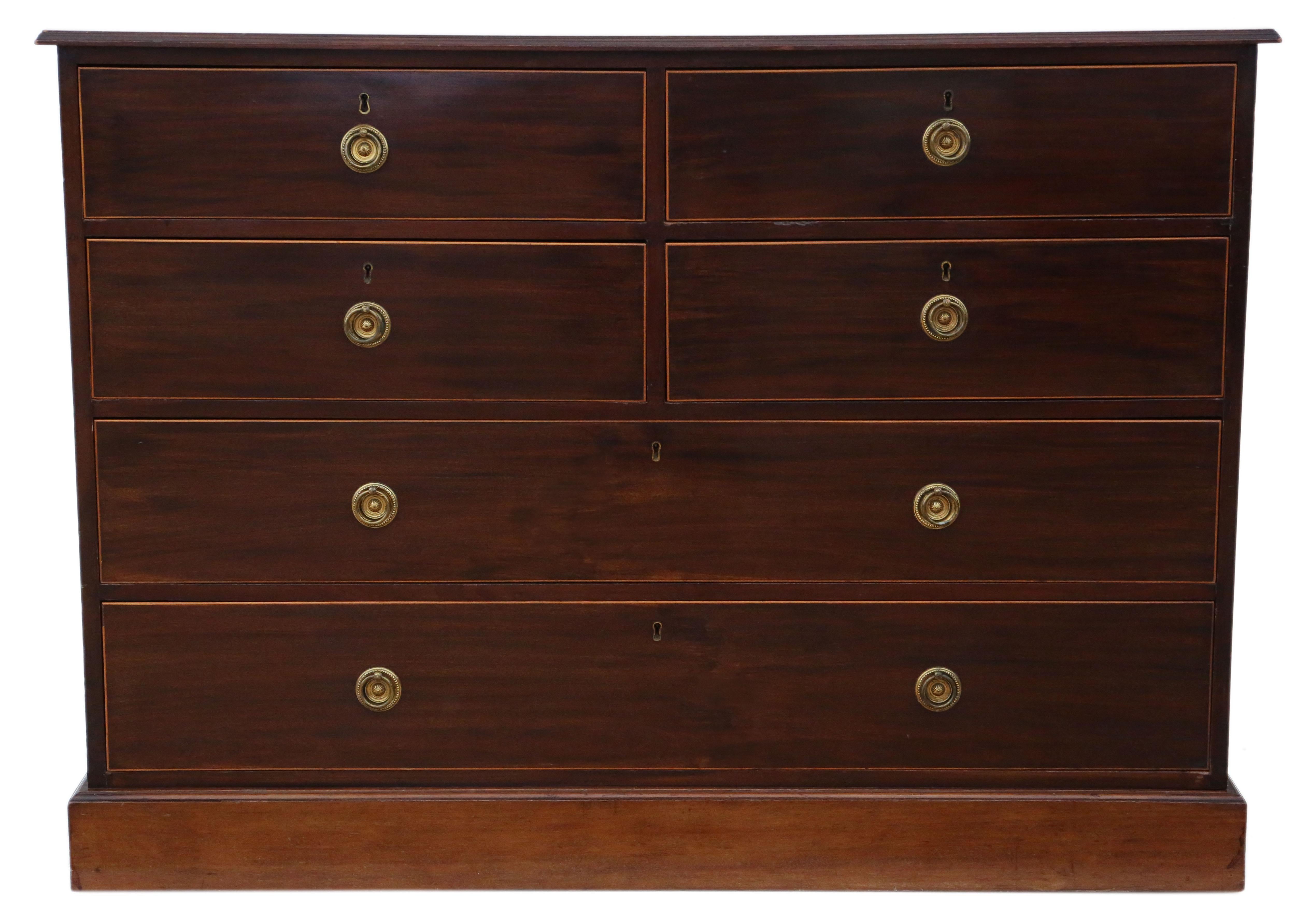 Antique fine quality 19th century inlaid mahogany chest of drawers by quality makers 'Mawer & Stephenson'. Concealed secret drawer behind the top right drawer.
This is a lovely chest with an attractive line edge inlay. Rare large Size with a