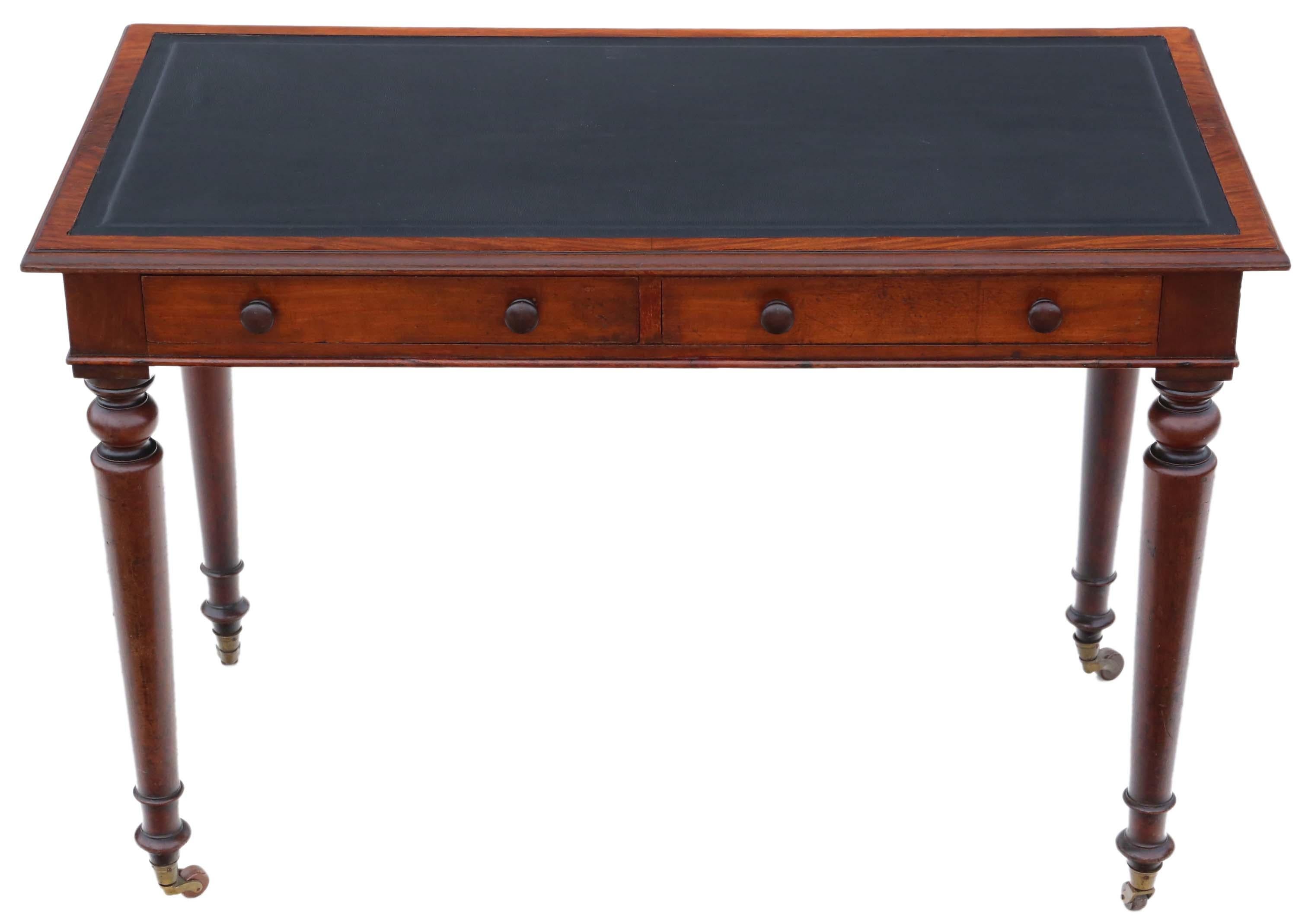 Antique fine quality 19th Century mahogany writing side table desk C1850. Lovely age colour and patina.

Solid, no loose joints or woodworm. Full of age, character and charm. The mahogany lined drawers slide freely.

As new replacement black