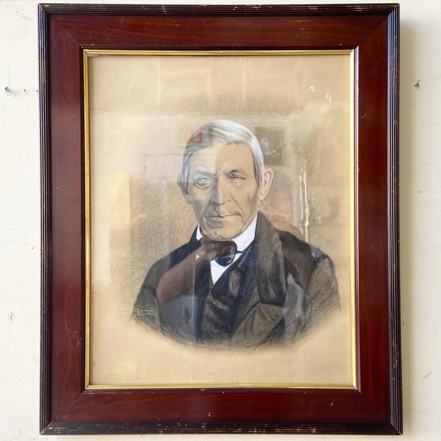 Exceptional antique framed portrait of a gentleman in a suit. Features a wooden frame.
  
