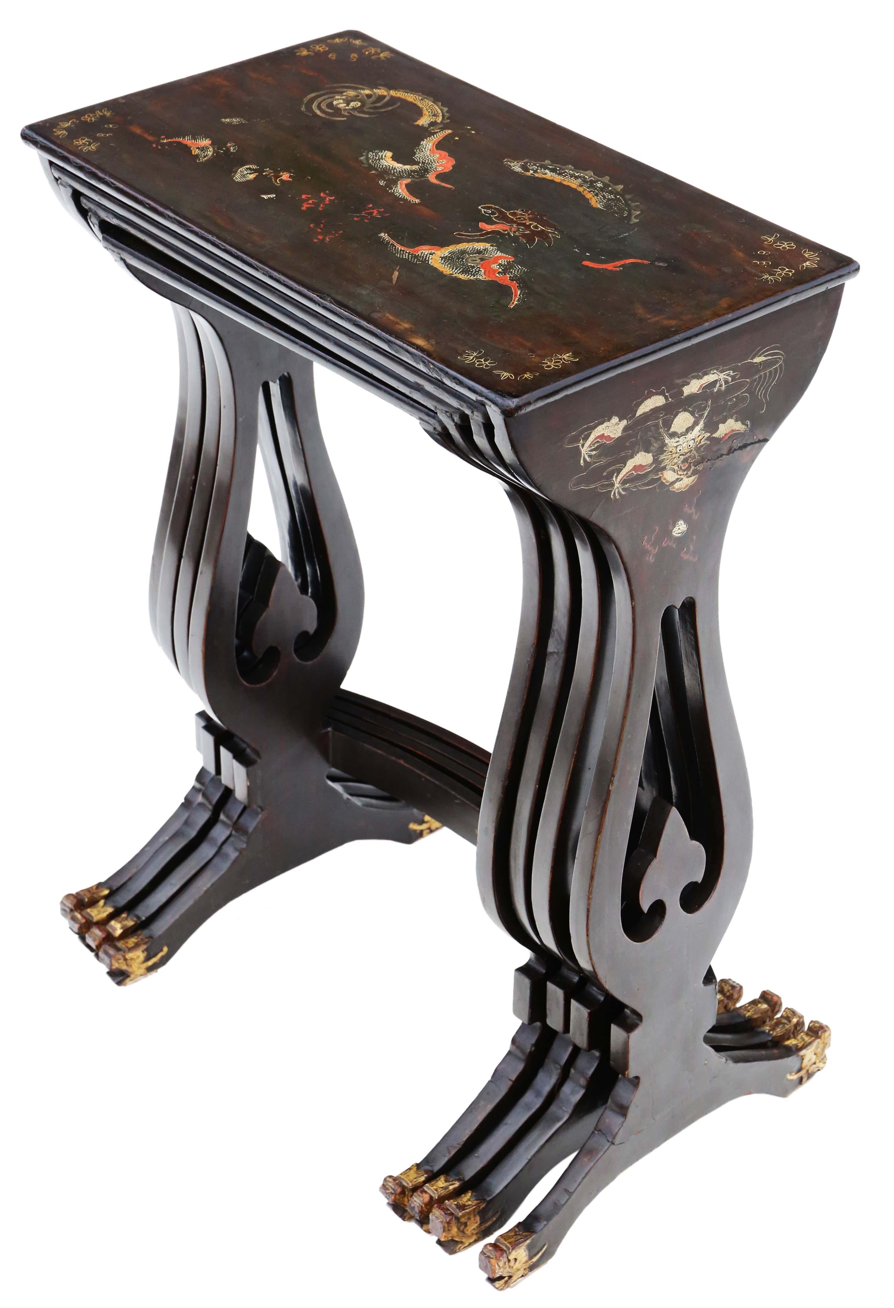 Antique fine quality Chinoiserie decorated black lacquer nest of 4 late 19th Century tables.
 
Very attractive, with lovely proportions and styling. A rare find.
 
No loose joints or woodworm.
Overall maximum dimensions:

54cmW x 30cmD x 69cm high,