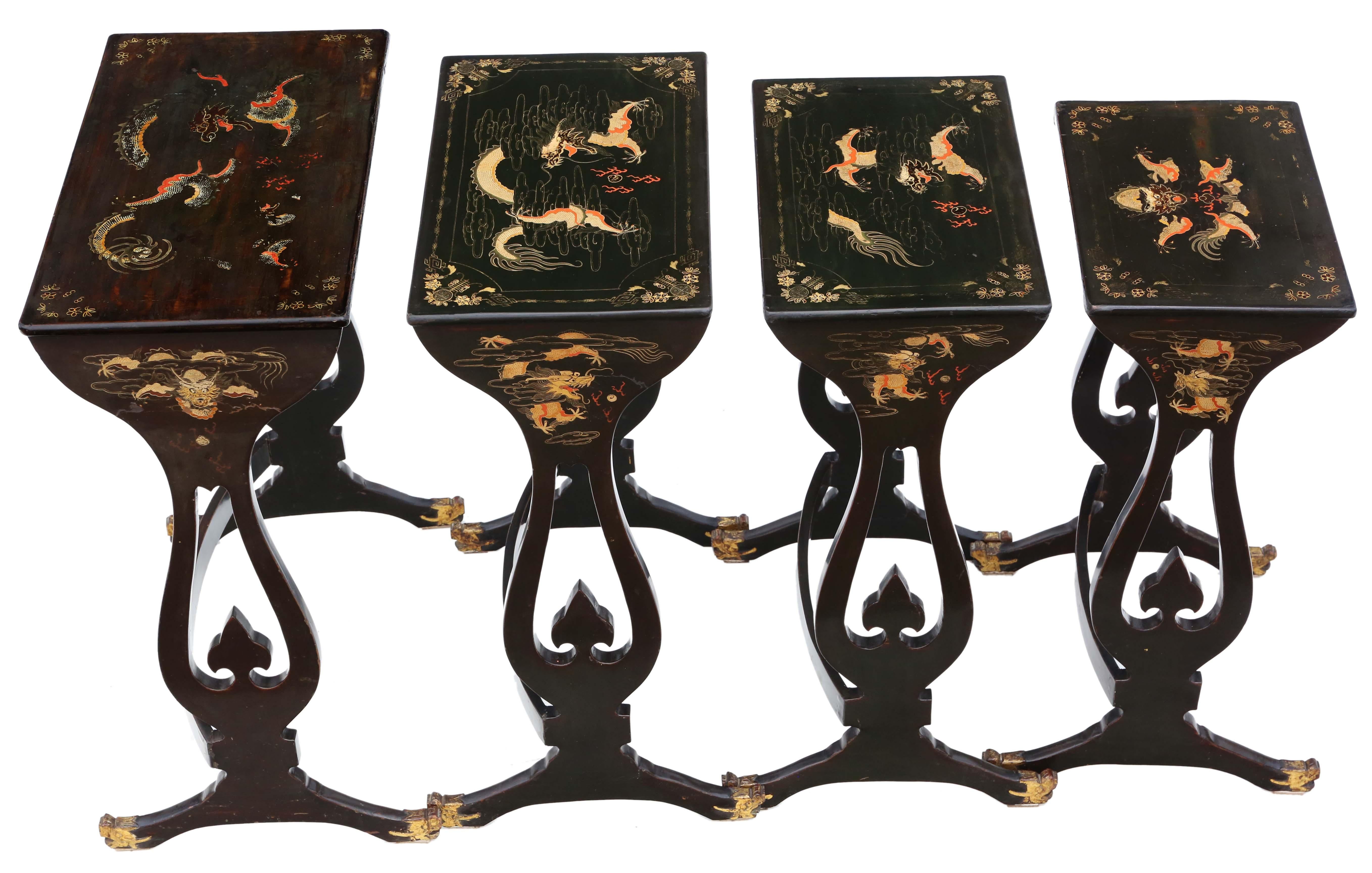 Wood Antique fine quality Chinoiserie decorated black lacquer nest of 4 19th Century  For Sale