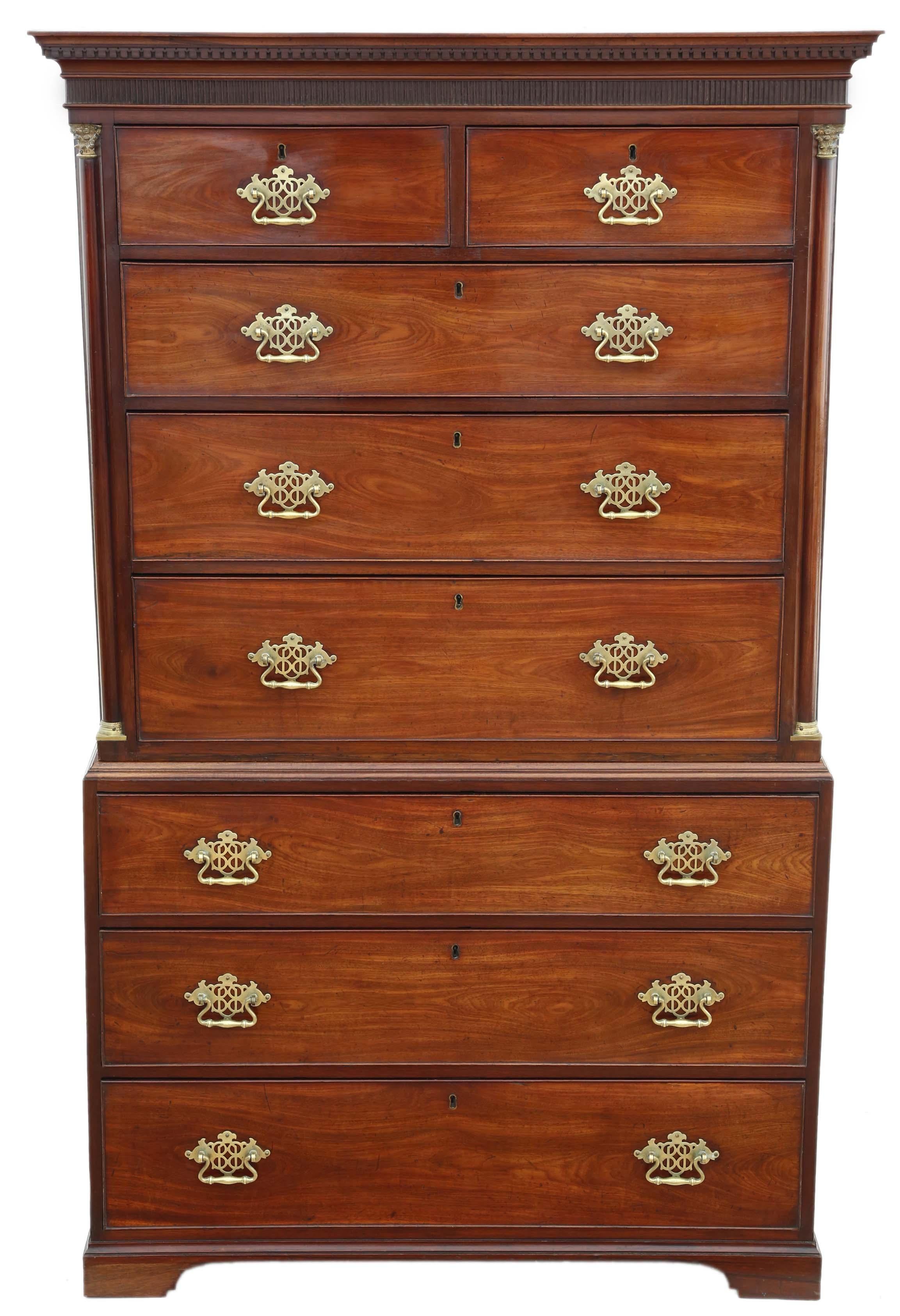 Antique fine quality Georgian mahogany tallboy chest on chest of drawers. Made in the early 19th century, circa 1800.
Attractive ormolu-mounted pilasters. Much better than most.

Solid, strong and very heavy, separates into two halves for
