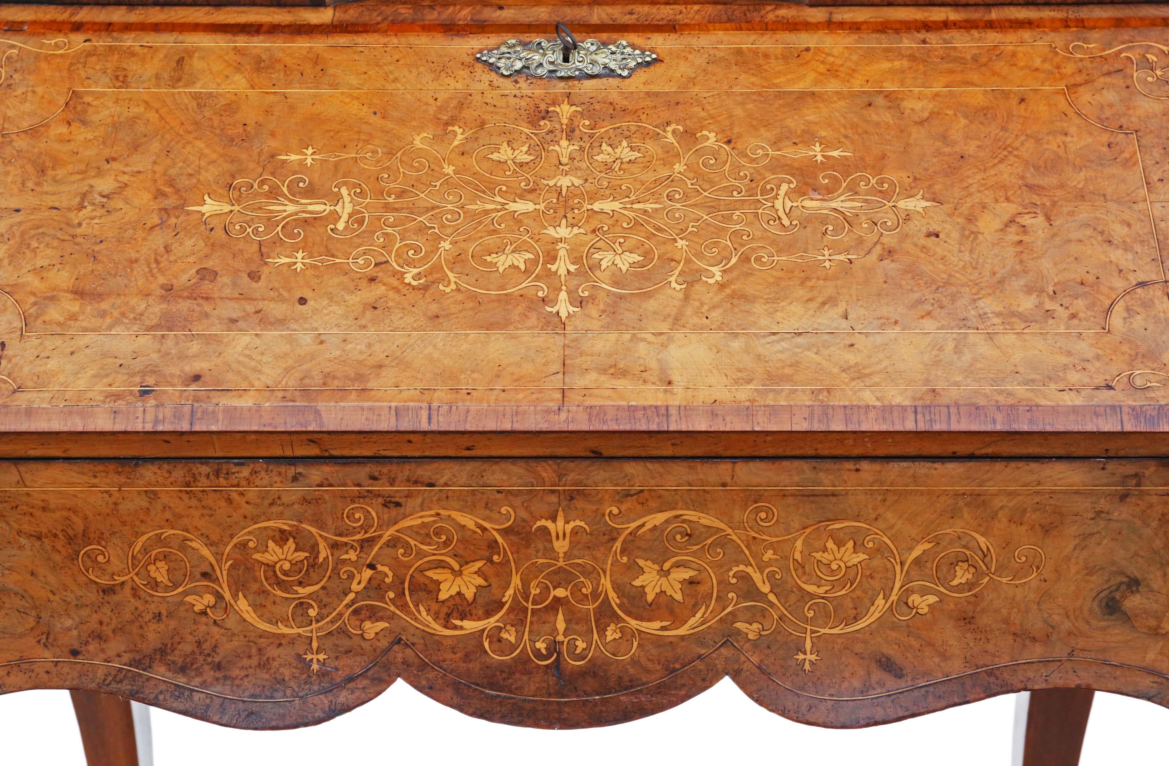 Ancienne table à écrire Bonheur de Jour en ronce de noyer incrustée de belle qualité en vente 5
