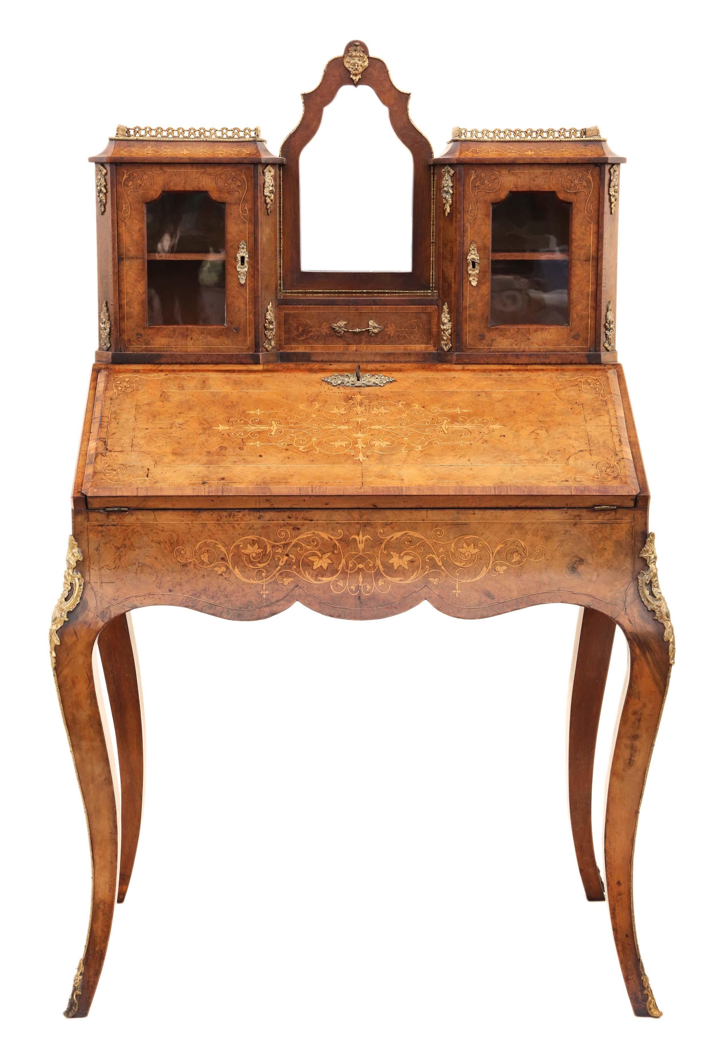 XIXe siècle Ancienne table à écrire Bonheur de Jour en ronce de noyer incrustée de belle qualité en vente