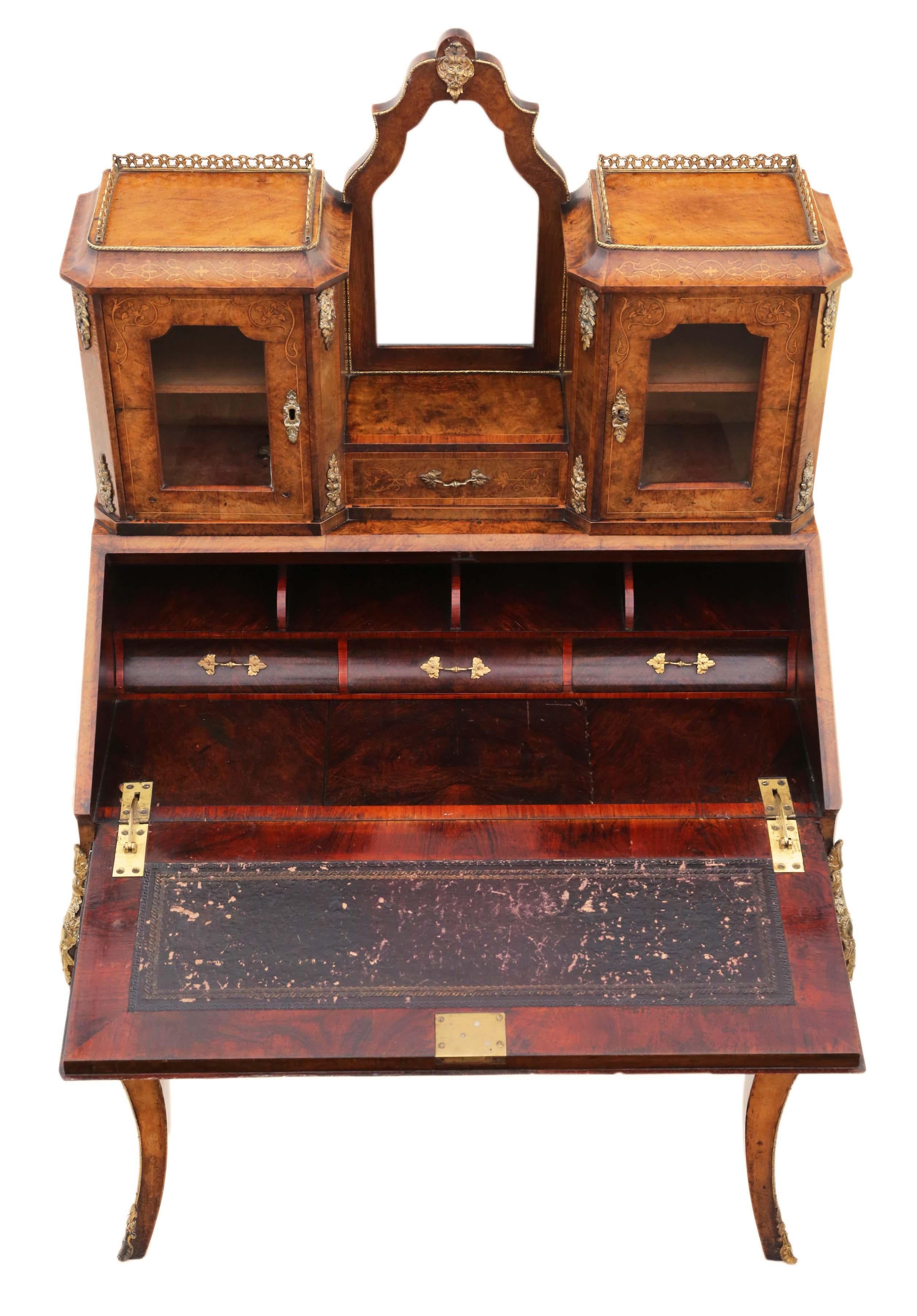 Ancienne table à écrire Bonheur de Jour en ronce de noyer incrustée de belle qualité en vente 1