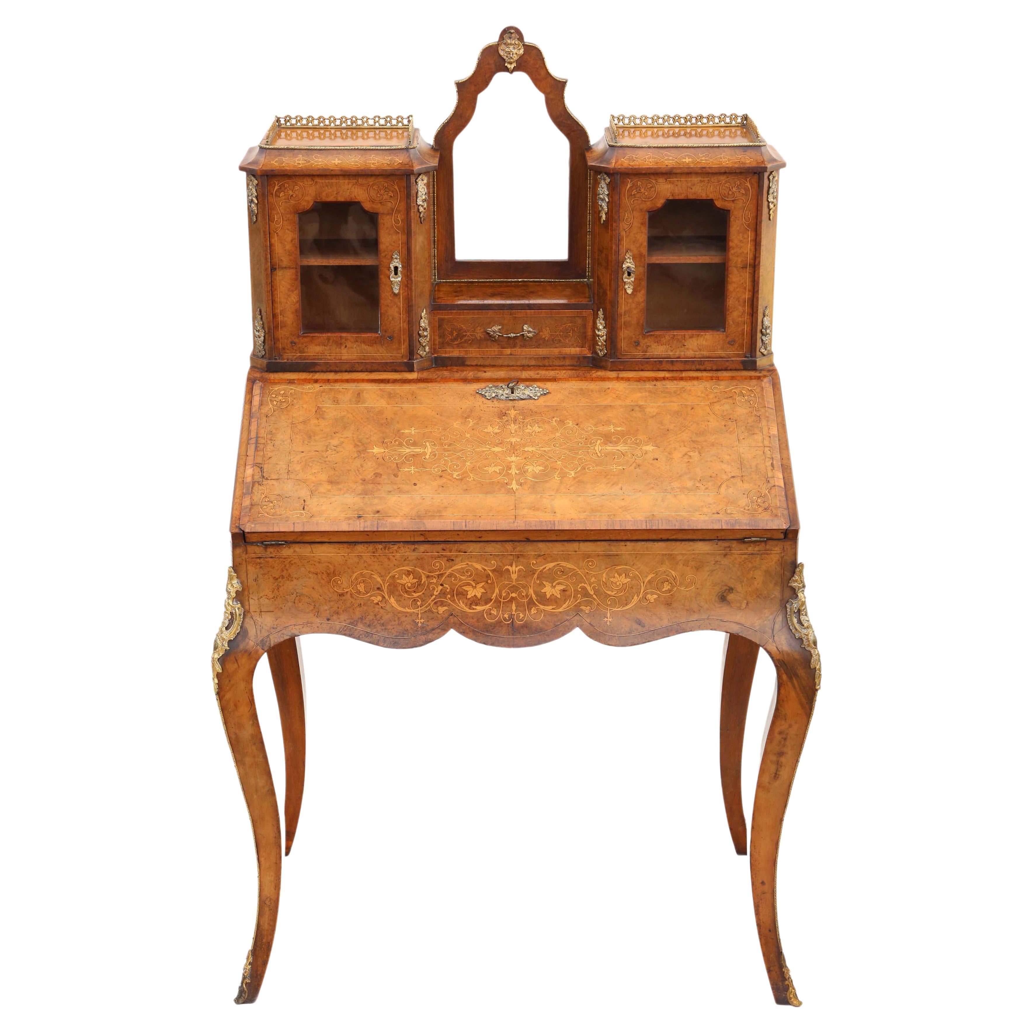 Antique Fine Quality Inlaid Burr Walnut Bonheur De Jour Desk Writing Table For Sale