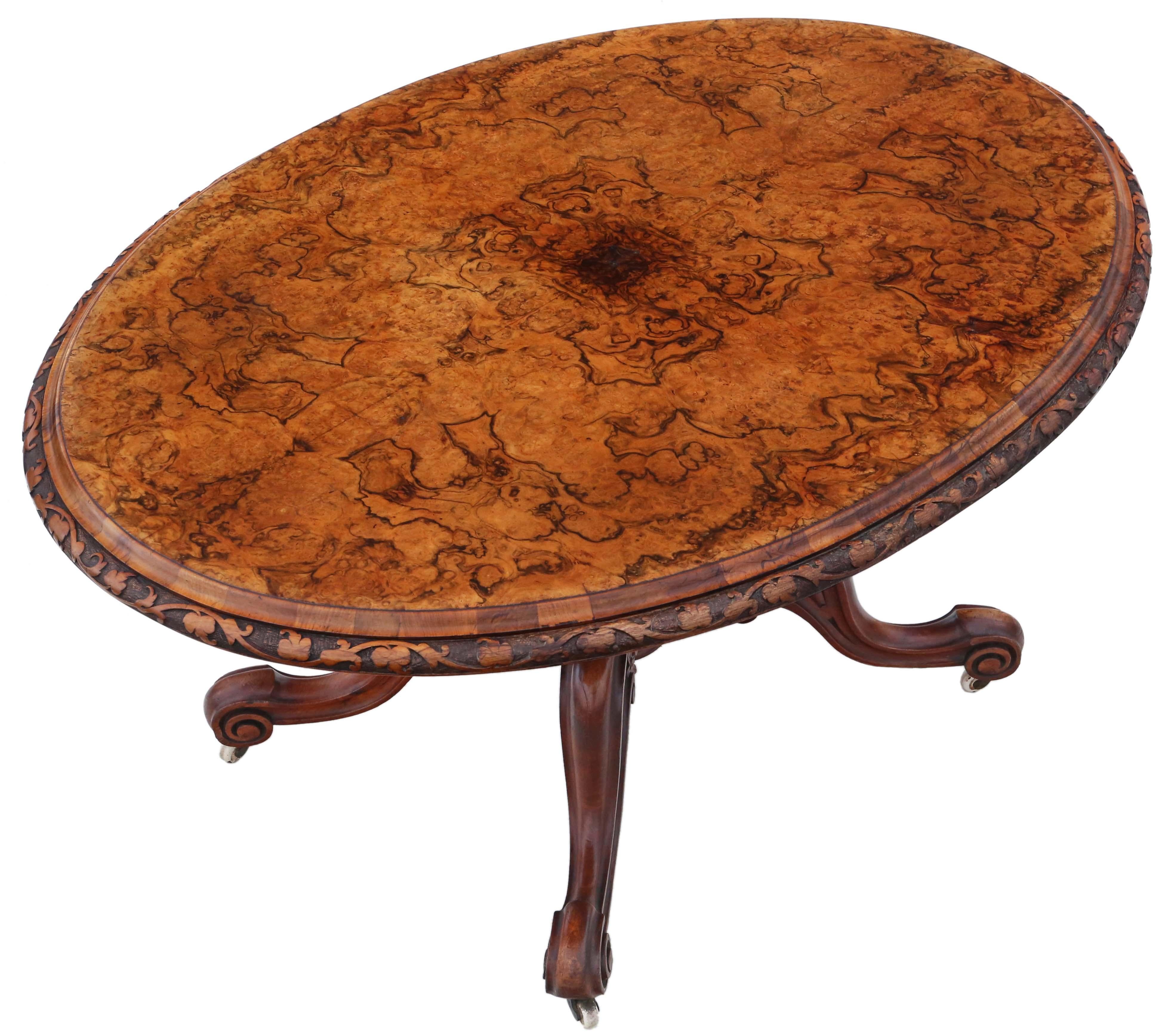 Antique fine quality large Victorian 19th century burr walnut marquetry oval tilt top loo breakfast table.

This is a lovely table (far better than most), that is full of age, charm and character. Great colour and best patina.

Rare and attractive.