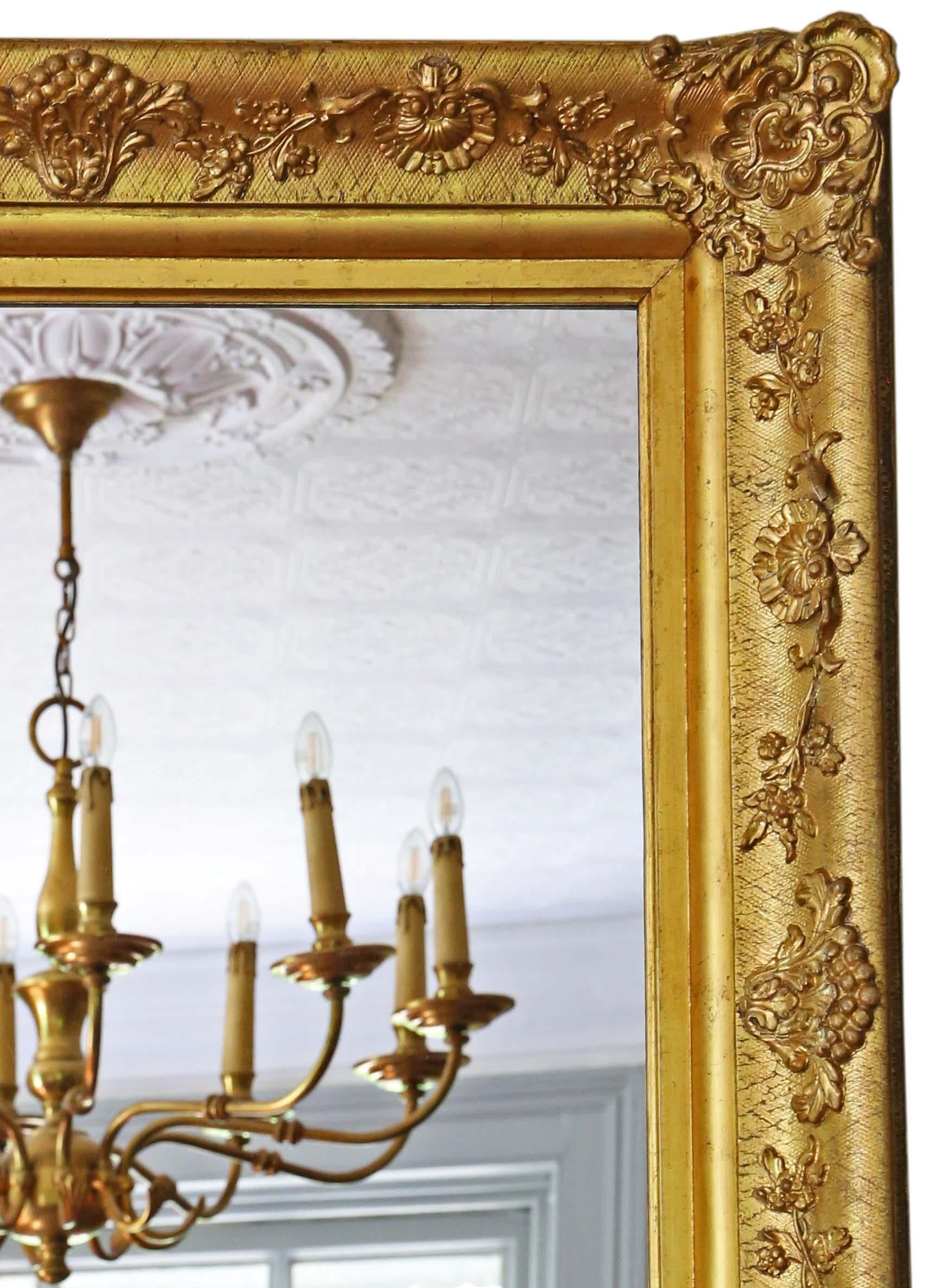 Glass  Antique fine quality large gilt overmantle wall mirror 19th Century For Sale