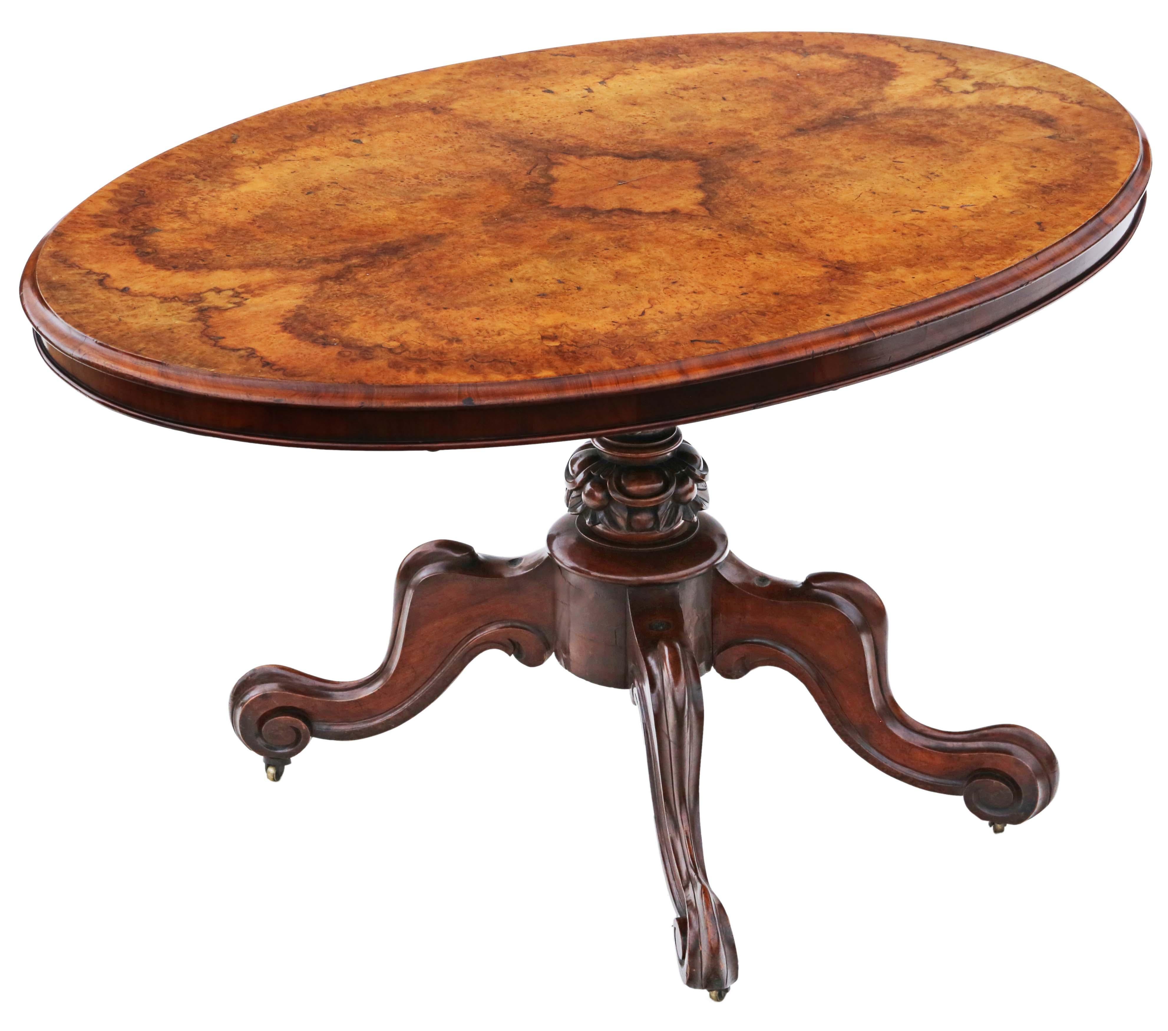 Antique fine quality large Victorian 19th Century burr walnut oval tilt top loo breakfast table.

This is a lovely table (far better than most), that is full of age, charm and character. Great colour and best patina.

Rare and attractive. Tables of