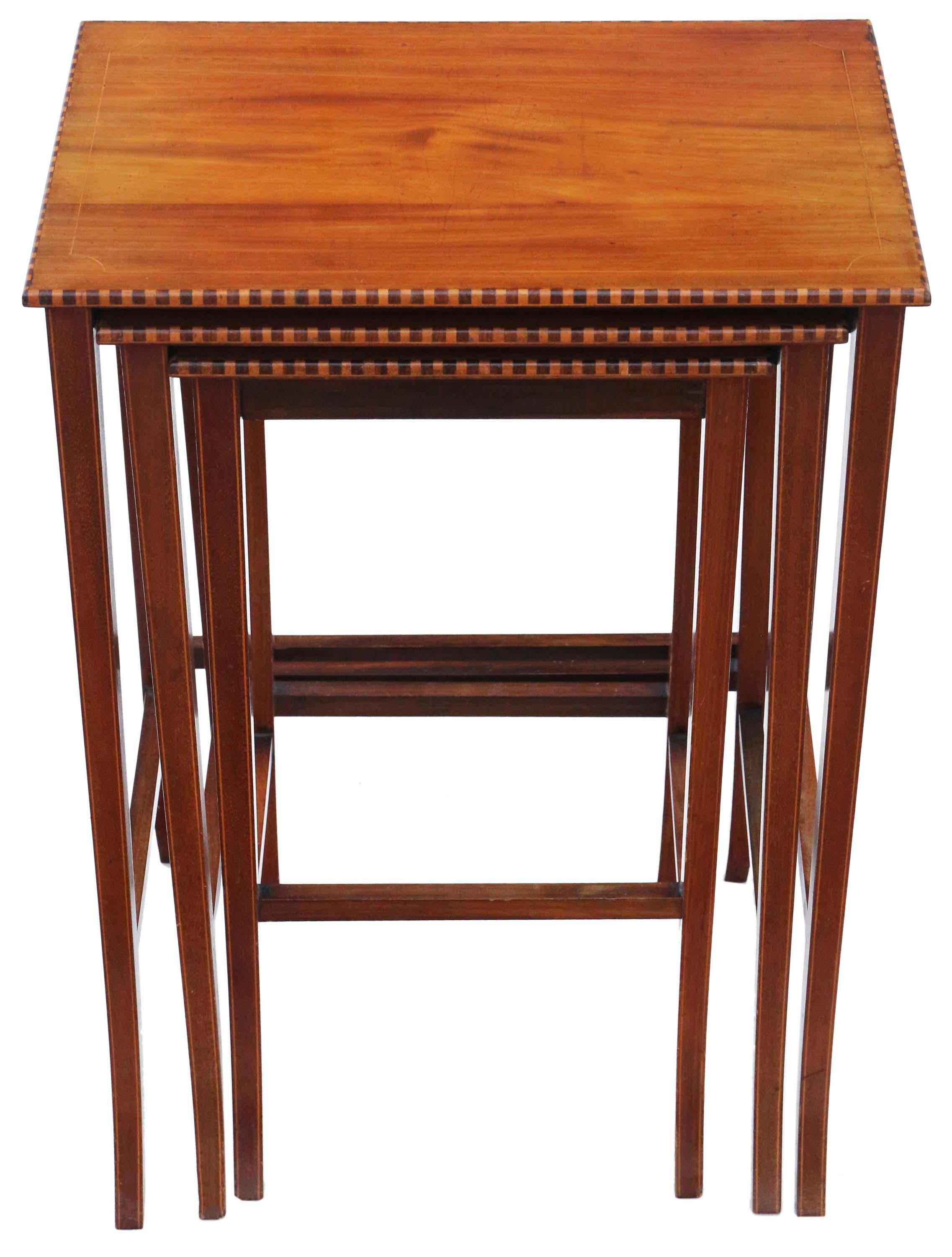 Antique fine quality mahogany nest of 3 Edwardian tables C1905.
 
Very attractive, with lovely proportions and styling. Attractive decoration to edge / perimeter.
 
No loose joints or woodworm.
Good age, colour and patina.

Overall maximum