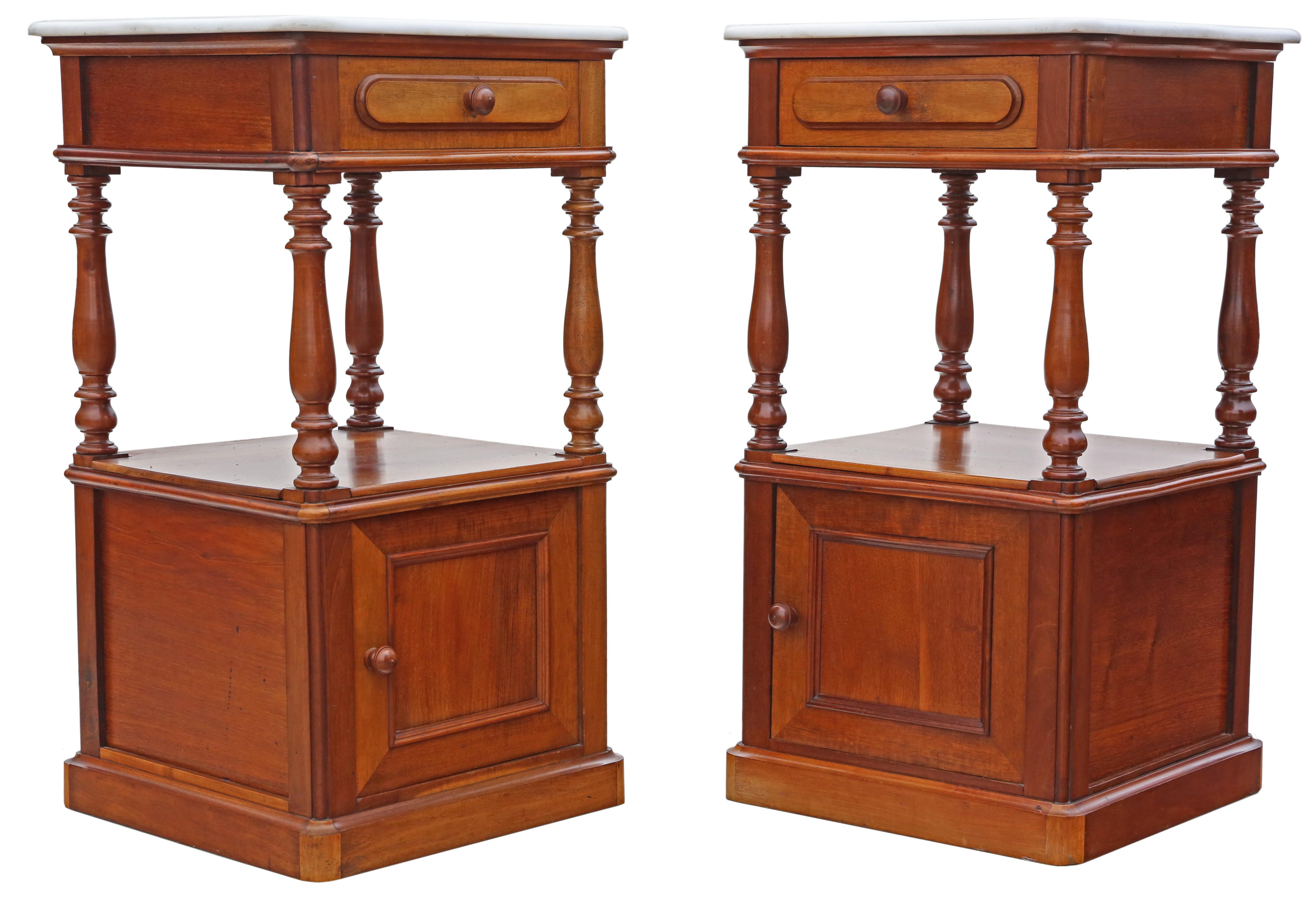 20th Century Antique fine quality pair of French walnut bedside tables cupboards marble tops  For Sale