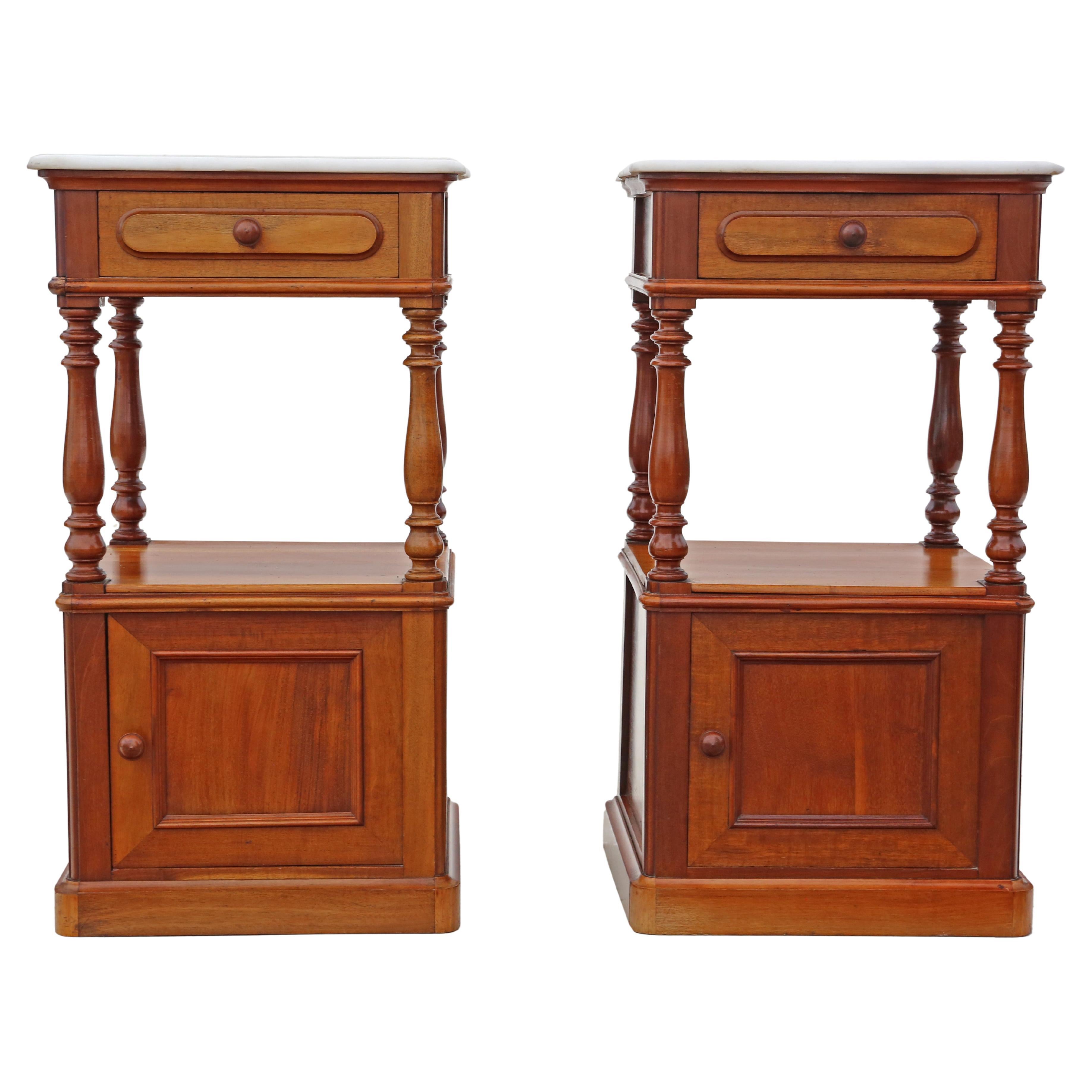 Antique fine quality pair of French walnut bedside tables cupboards marble tops  For Sale