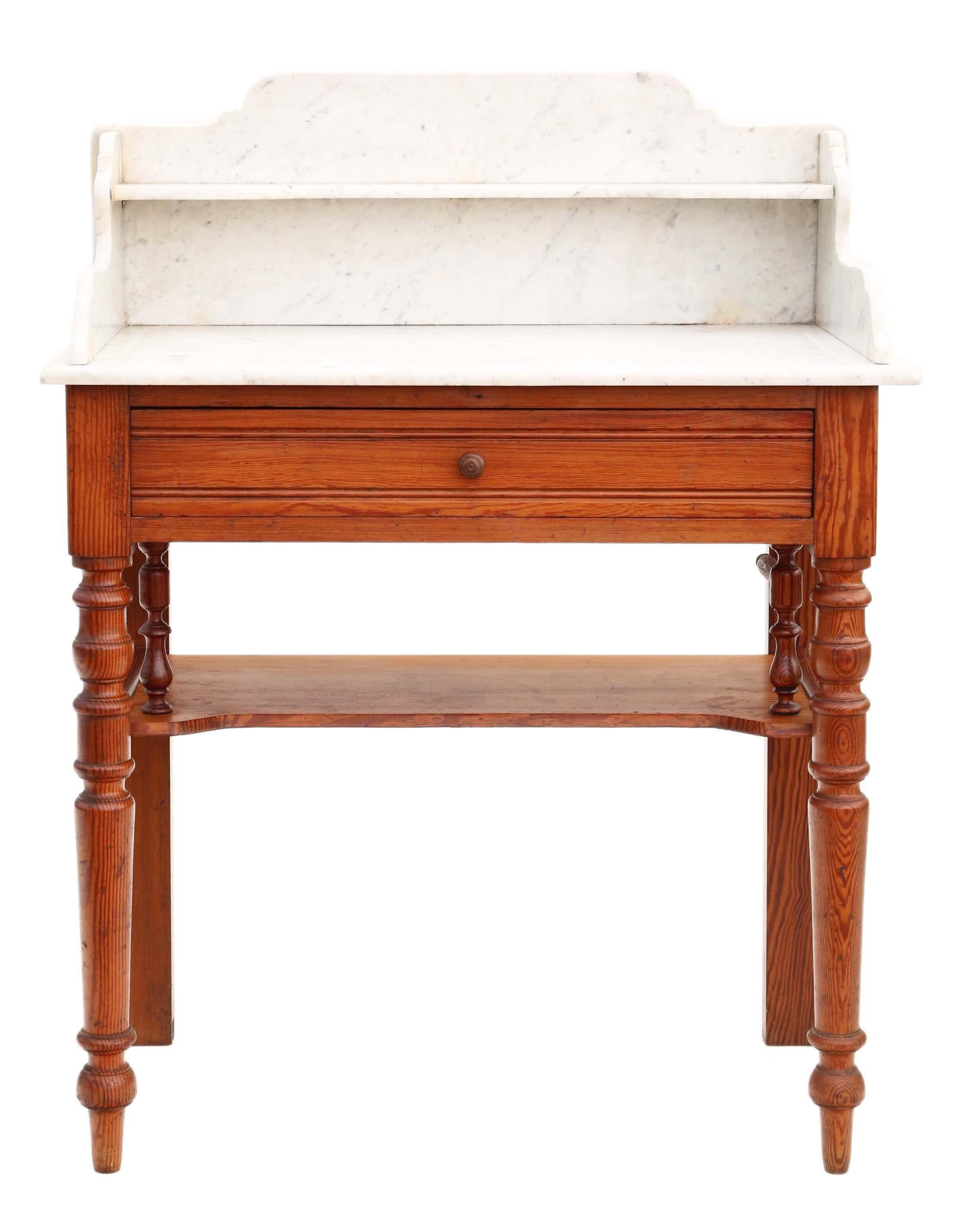 Antique fine quality pitch pine and marble wash stand C1900 with compact proportions. Just right for a smaller bathroom or basin conversion.

Solid and strong, with no loose joints or woodworm and in good working order. Has a drawer that slides
