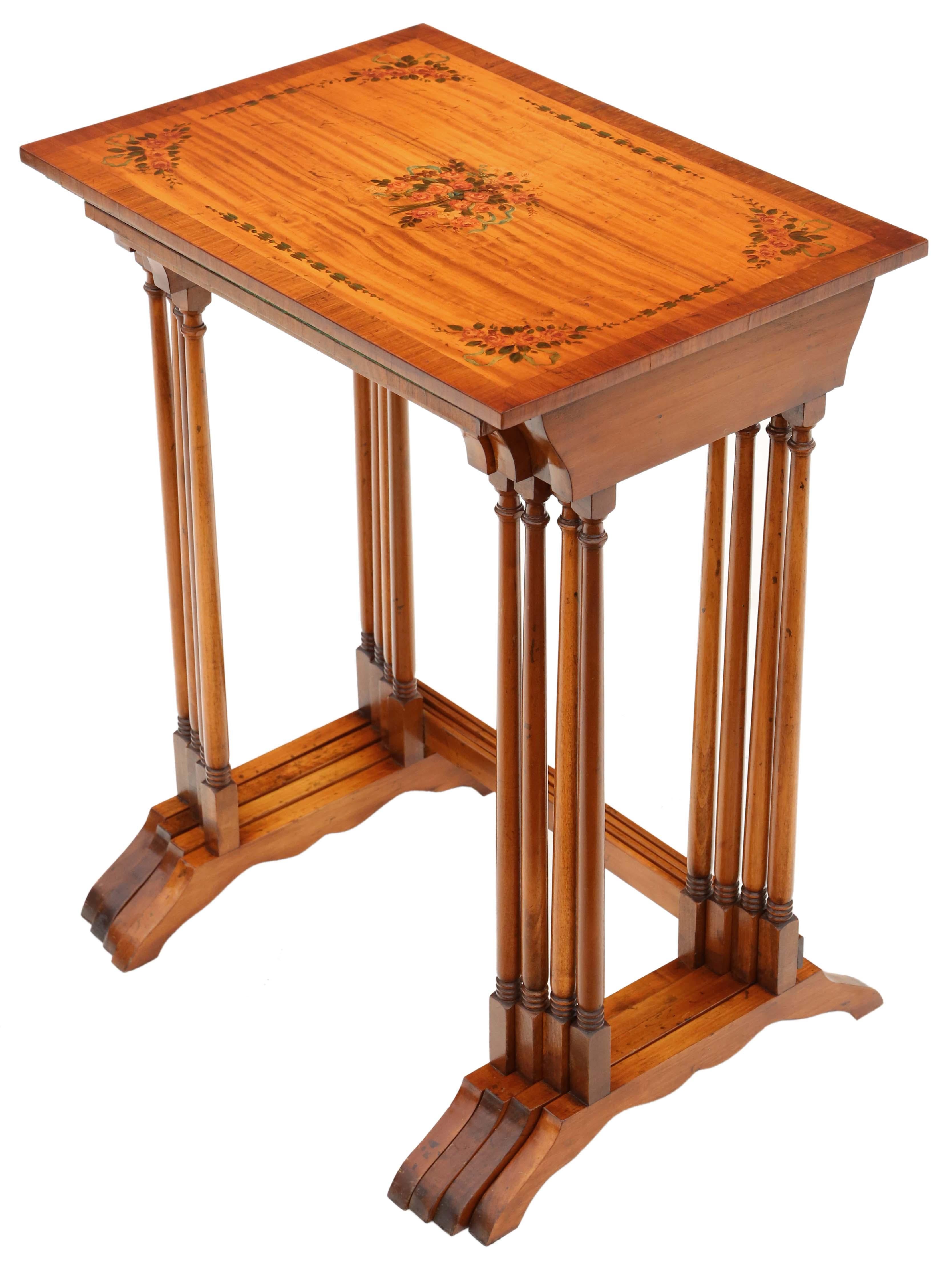 Antique retro vintage fine quality decorated satinwood nest of 4 Georgian revival tables C1960.
 
Very attractive, with lovely proportions and styling. Lovely painted decoration and light colour.
 
No loose joints or woodworm.
Some deliberate aging