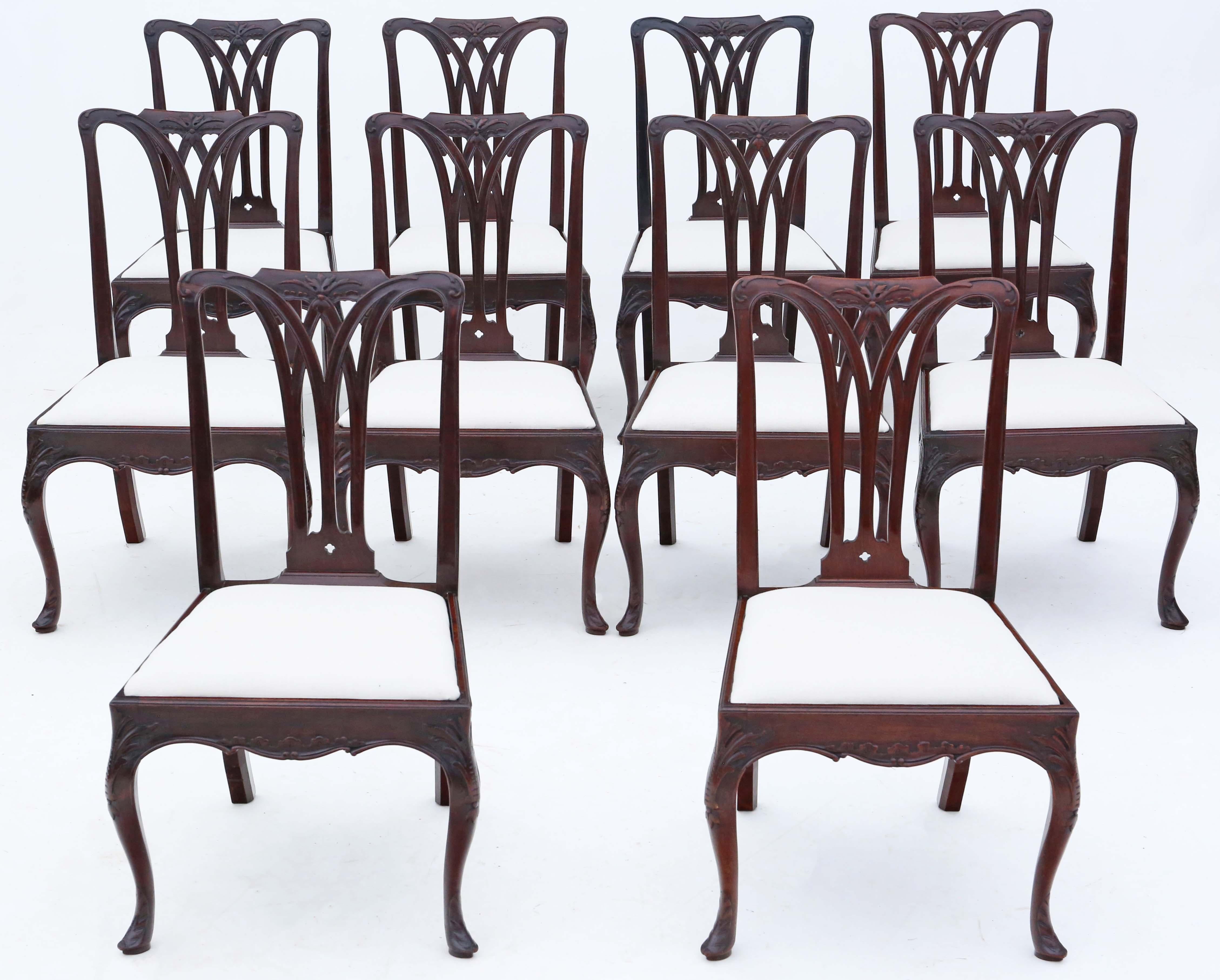 Antique fine quality set of 10 18th century Georgian carved mahogany (probably Cuban) dining chairs. Very rare, with an elegant design and lovely carved cabriole legs, terminating in cloven hooves!

Beautifully detailed prolific fine hand
