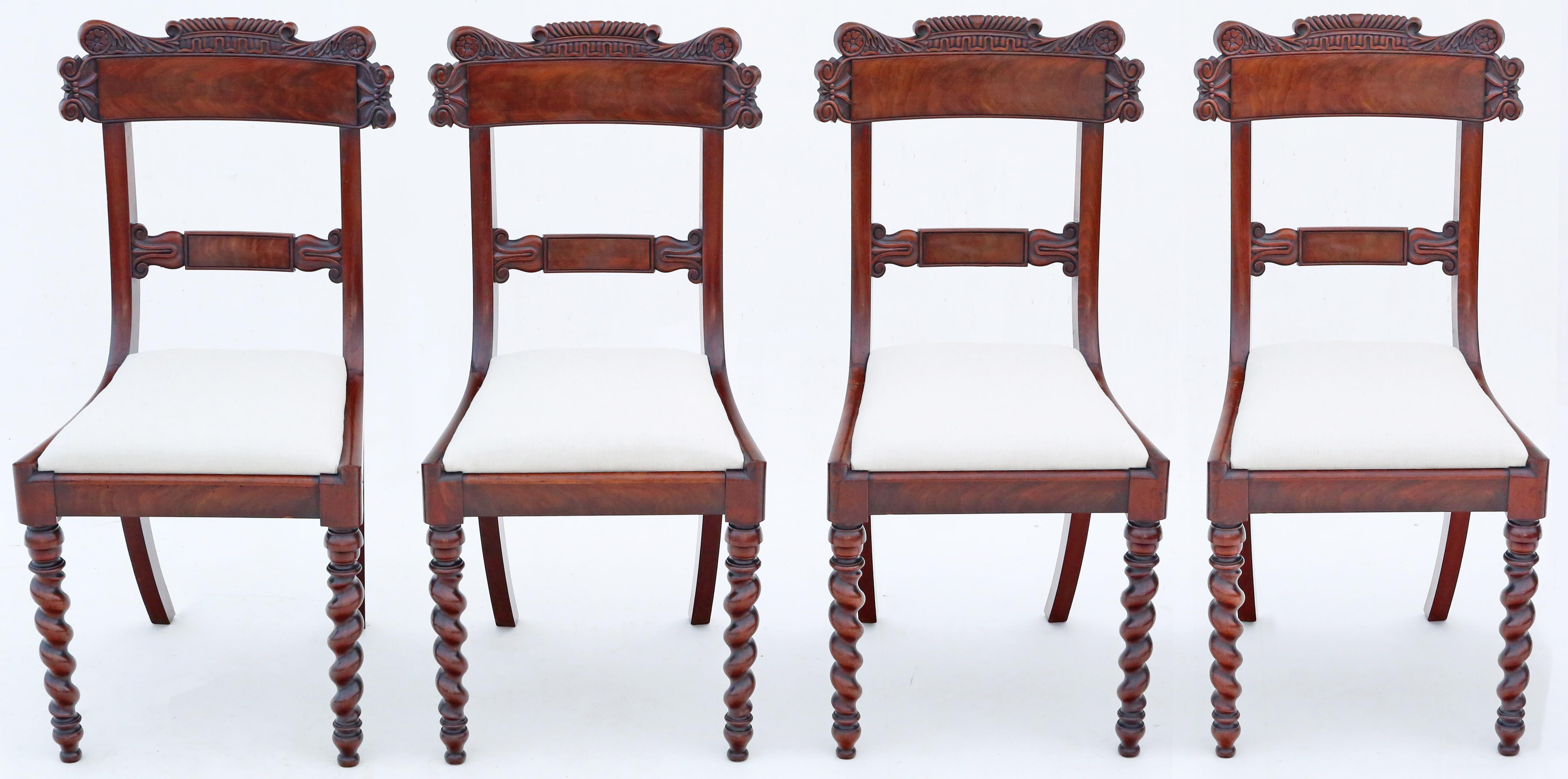 Antique fine quality set of 4 Regency / William IV mahogany dining chairs C1830.

No loose joints.

New professional upholstery.

Fantastic carved backs and tapered twist front legs.

Overall maximum dimensions: 47cmW x 51cmD x 94cmH (46cmH seat