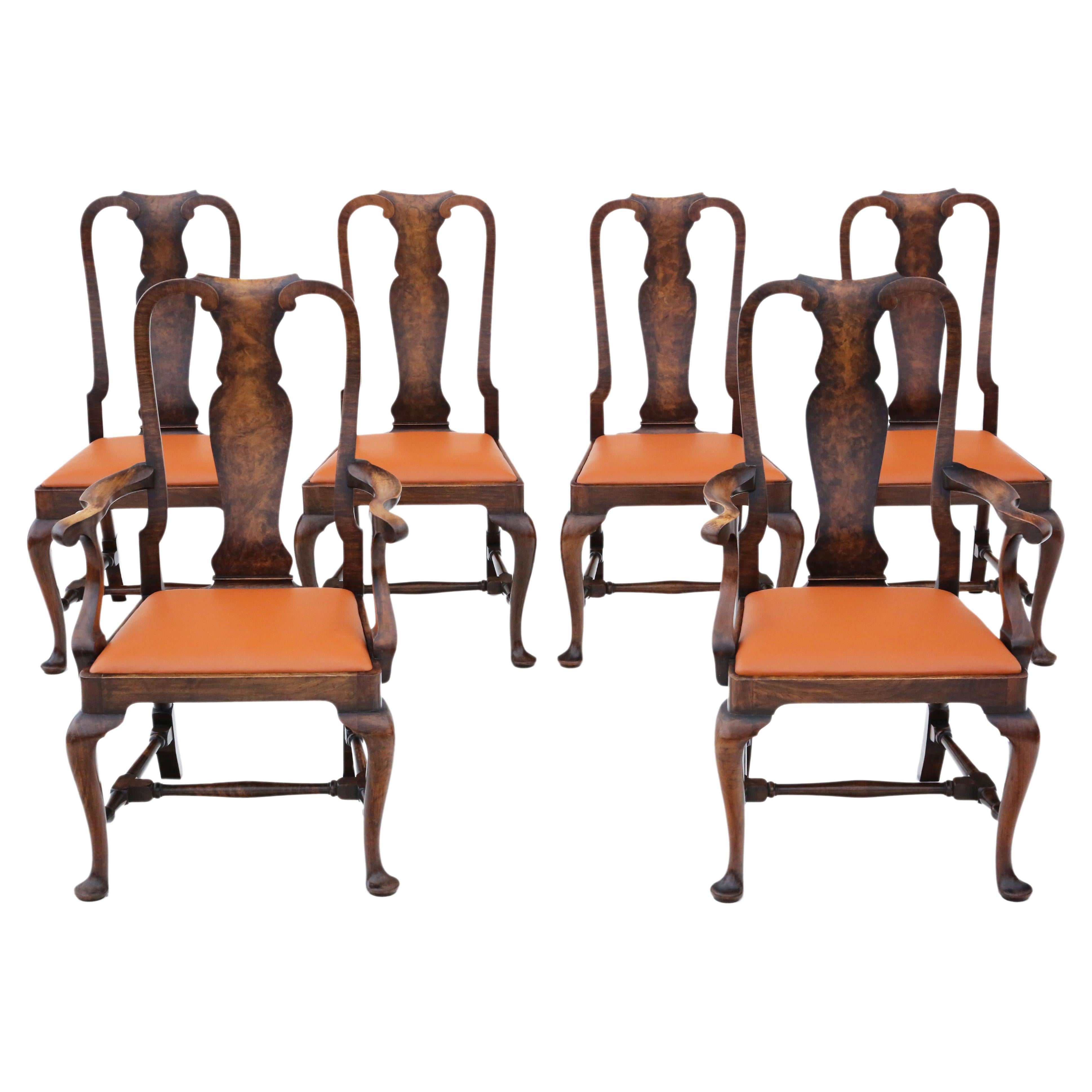 Antique Fine Quality Set of 6 Queen Anne Revival Burr Walnut Dining Chairs c1910