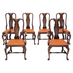 Antique Fine Quality Set of 6 Queen Anne Revival Burr Walnut Dining Chairs c1910