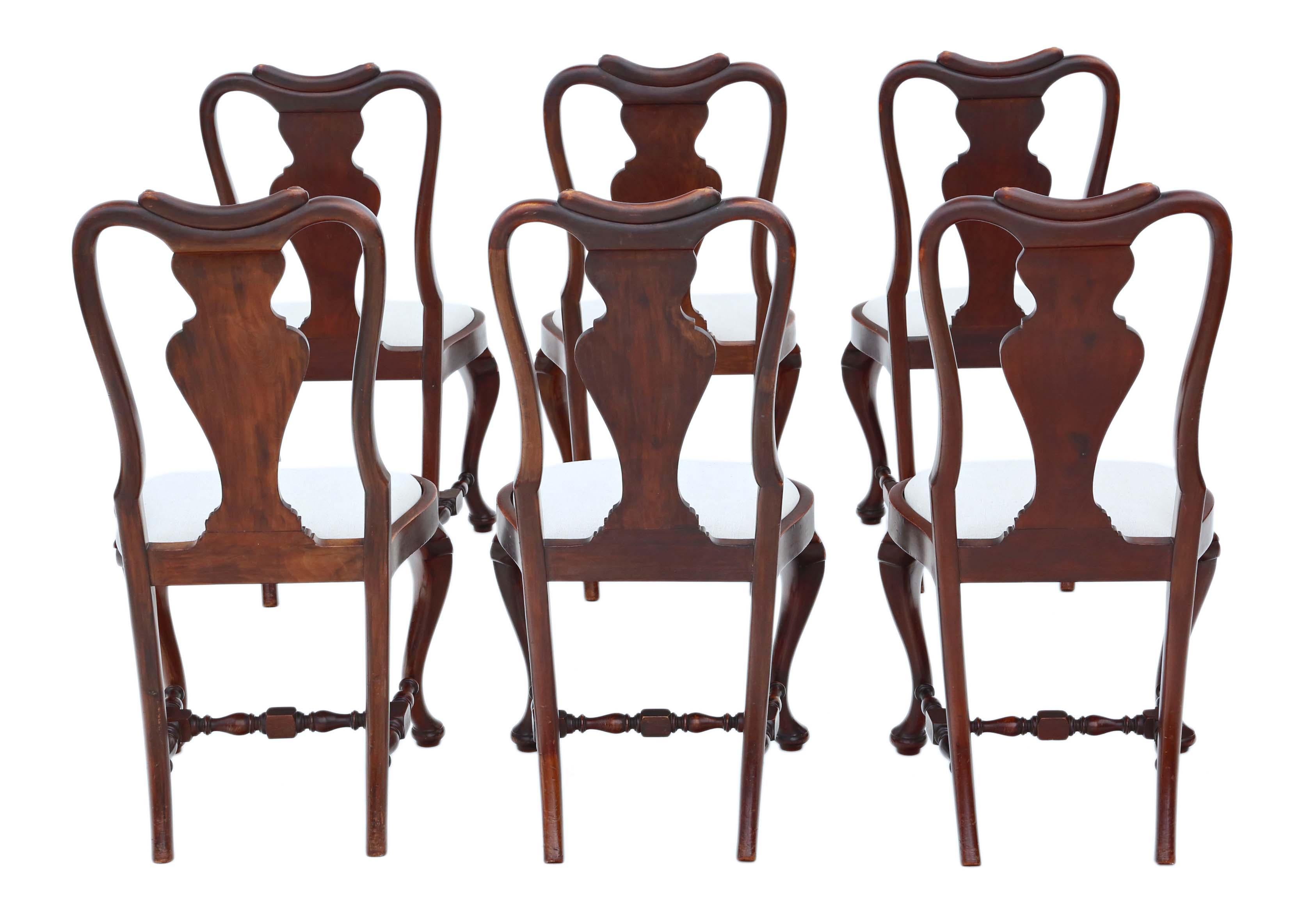 Antique fine quality set of 6 Queen Anne revival mahogany dining chairs C1900.

No loose joints or woodworm.

New professional upholstery. 

Overall maximum dimensions: 57cmW x 54cmD x 104cmH (50cmH seat when sat on)

Very good antique