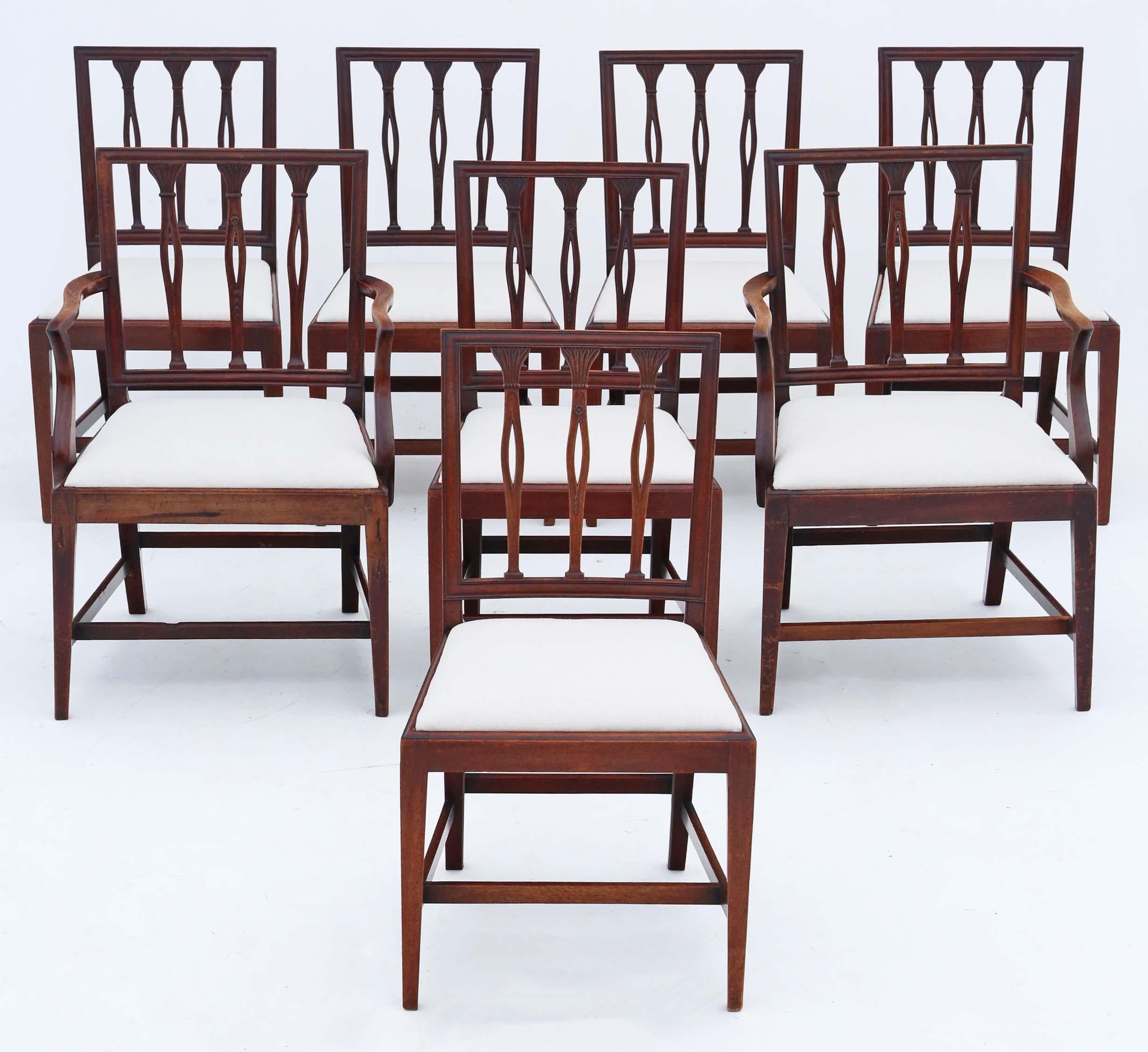 Antique fine quality set of 8 (6 + 2) Georgian mahogany dining chairs C1820.

No loose joints.

New professional upholstery.

Overall maximum dimensions:

Carver 60cmW x 59cmD x 93cmH (46cmH seat when sat on, 69cm high arms)

Chair 52cmW x