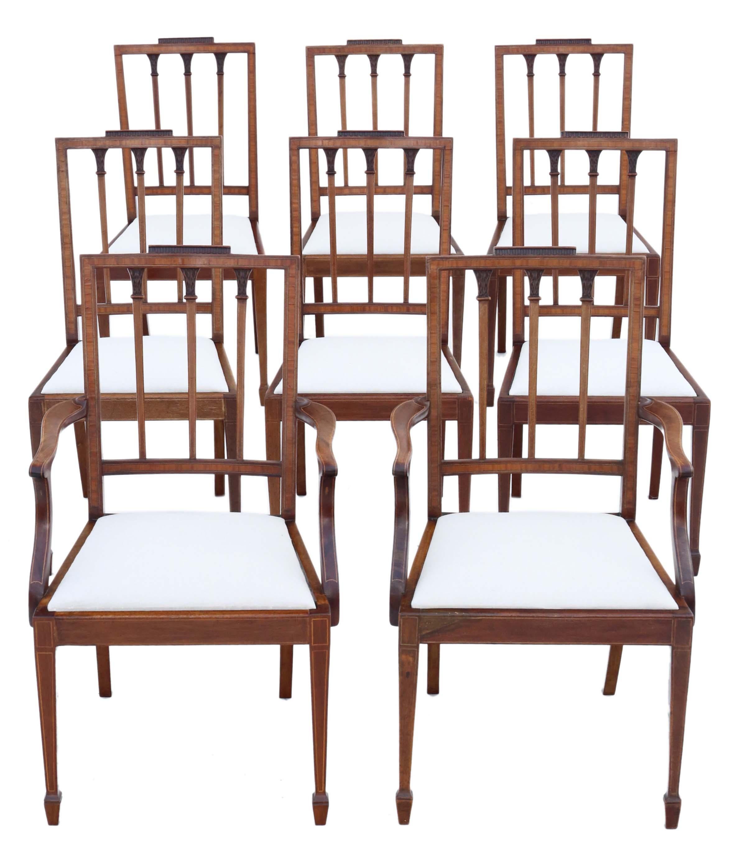Antique fine quality set of 8 (6 + 2) Georgian revival mahogany dining chairs C1900.

No loose joints or woodworm.

New professional upholstery. Very attractive crossbanding and line inlays.

Overall maximum dimensions:

Carver 56cmW x 58cmD