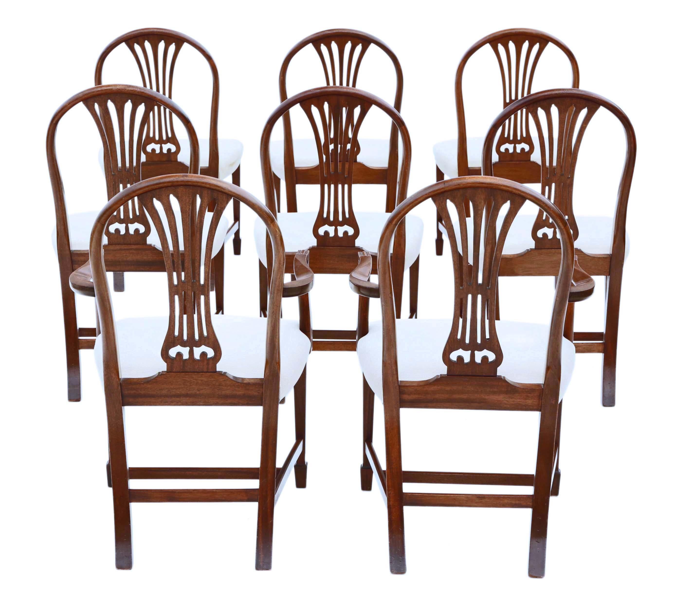 Antique fine quality set of 8 (6 + 2) Georgian revival mahogany dining chairs mid 20th Century.

No loose joints or woodworm.

Upholstery is not new, but has no significant wear or major marks (we can get the seats re-upholstered in your