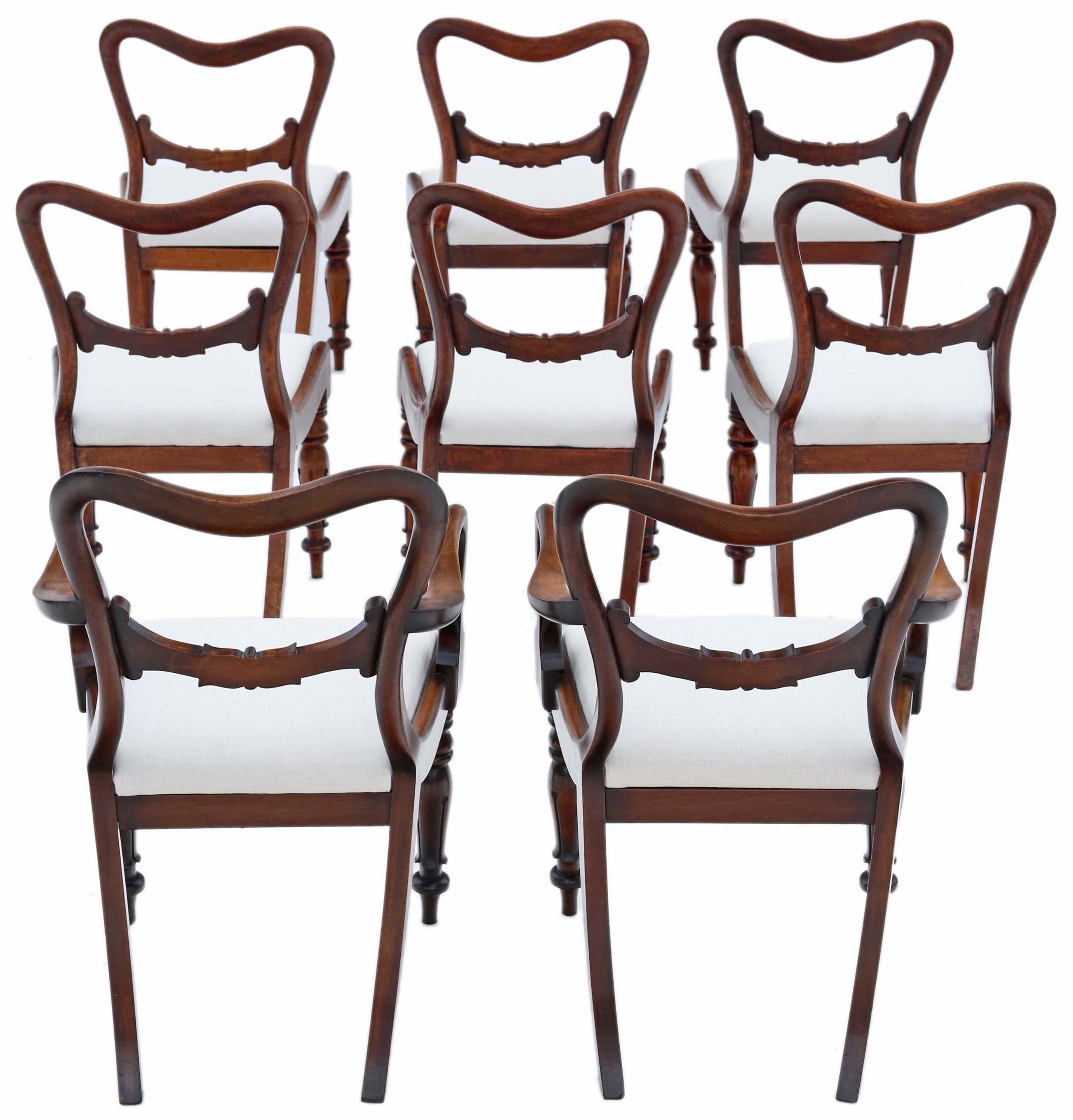 English Antique Fine Quality Set of 8 '6 Plus 2' Balloon Back Mahogany Dining Chairs
