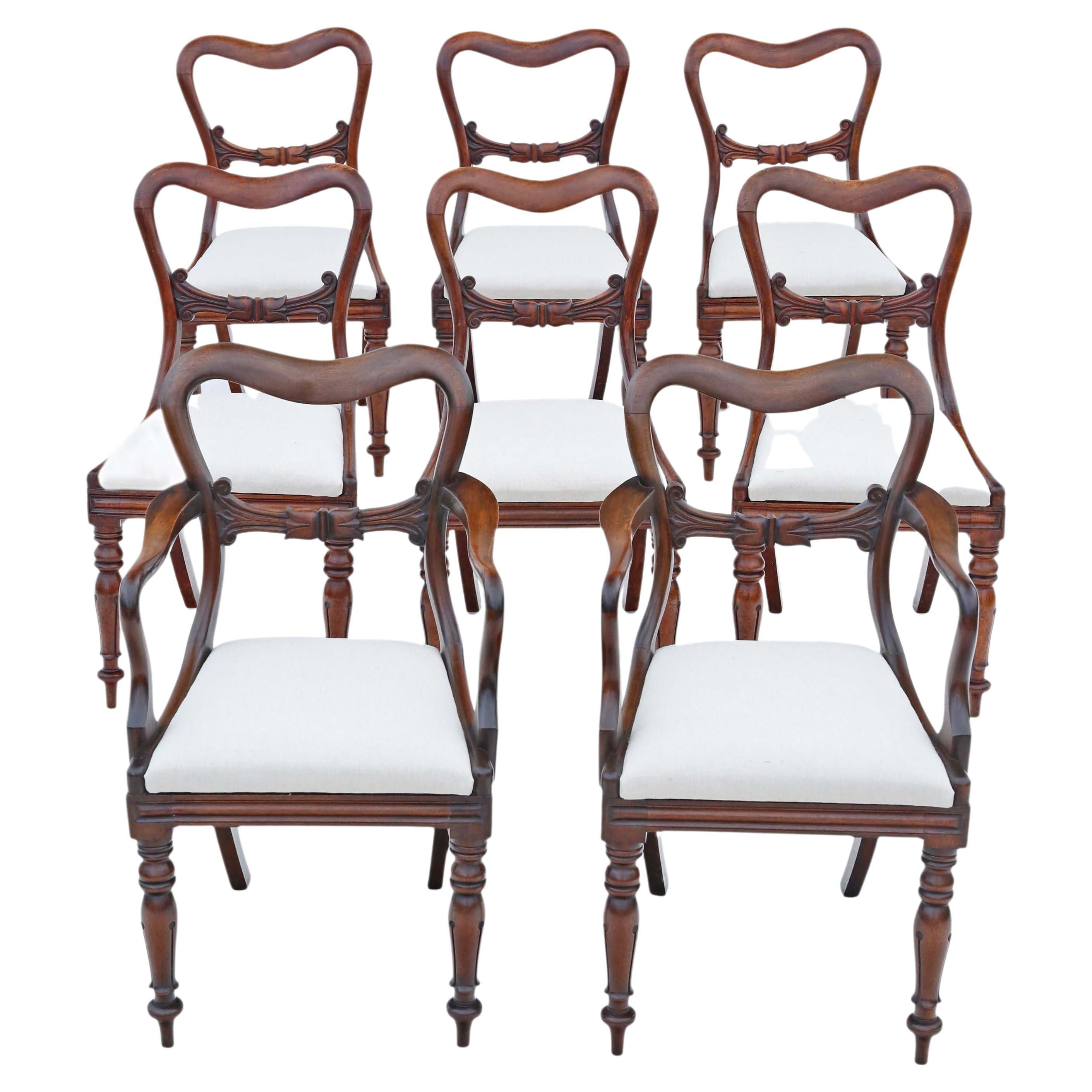 Antique Fine Quality Set of 8 '6 Plus 2' Balloon Back Mahogany Dining Chairs