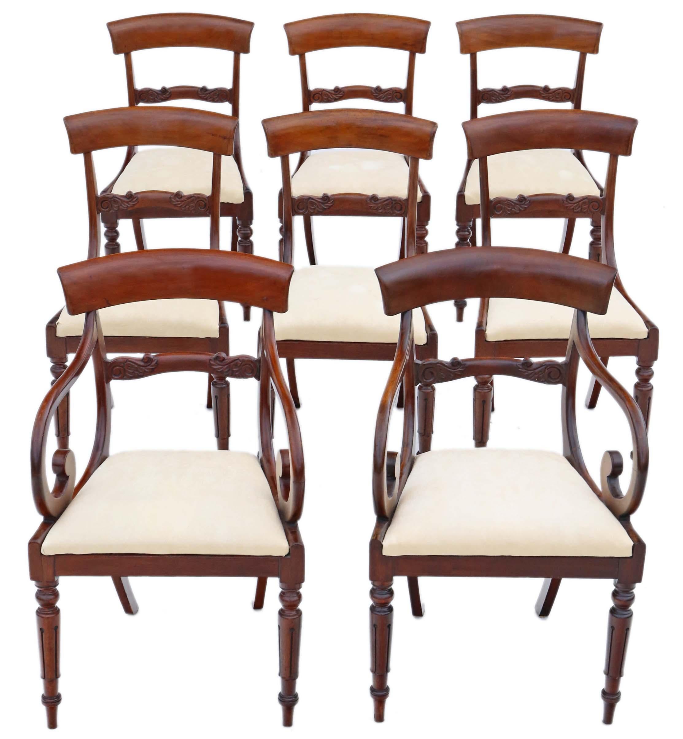 Antique fine quality set of 8 (6 plus 2) Regency / William IV mahogany dining chairs C1830. Very rare, with an elegant design!

No loose joints.

The upholstery is not new and has light wear and minor marks. We could organise professionally