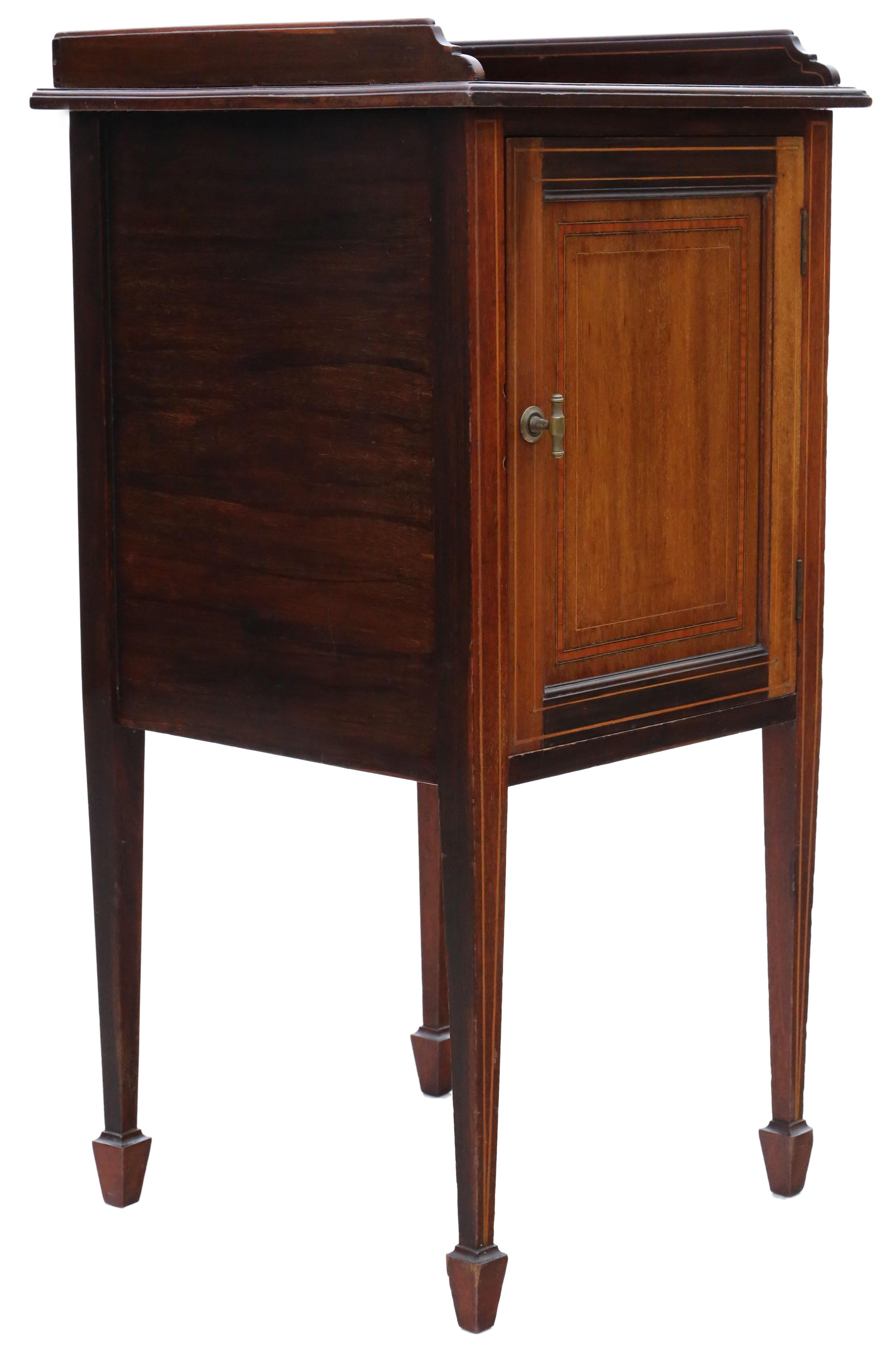 Wood Antique Fine Quality Tray Top Inlaid Mahogany Bedside Table Cupboard For Sale