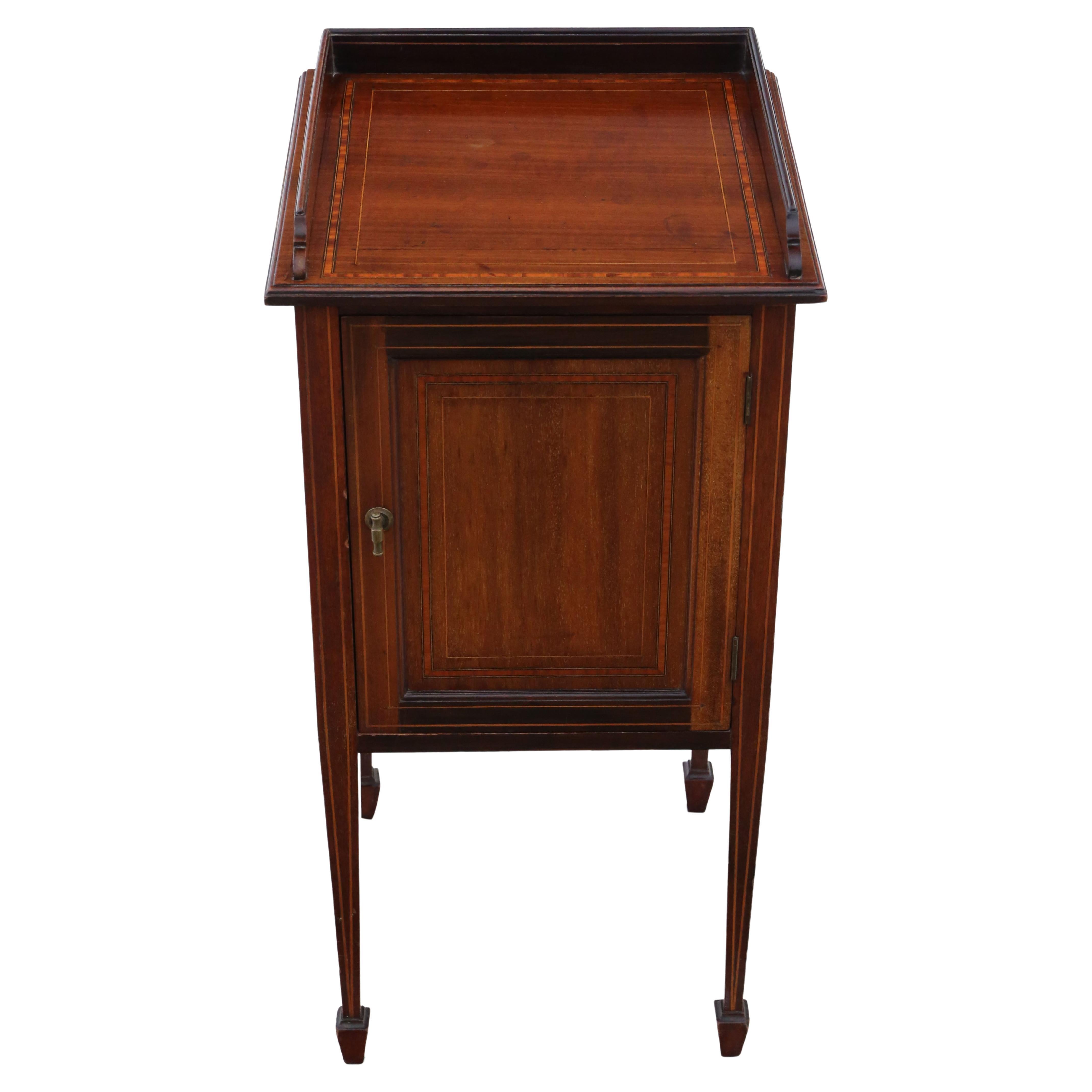 Antique Fine Quality Tray Top Inlaid Mahogany Bedside Table Cupboard For Sale