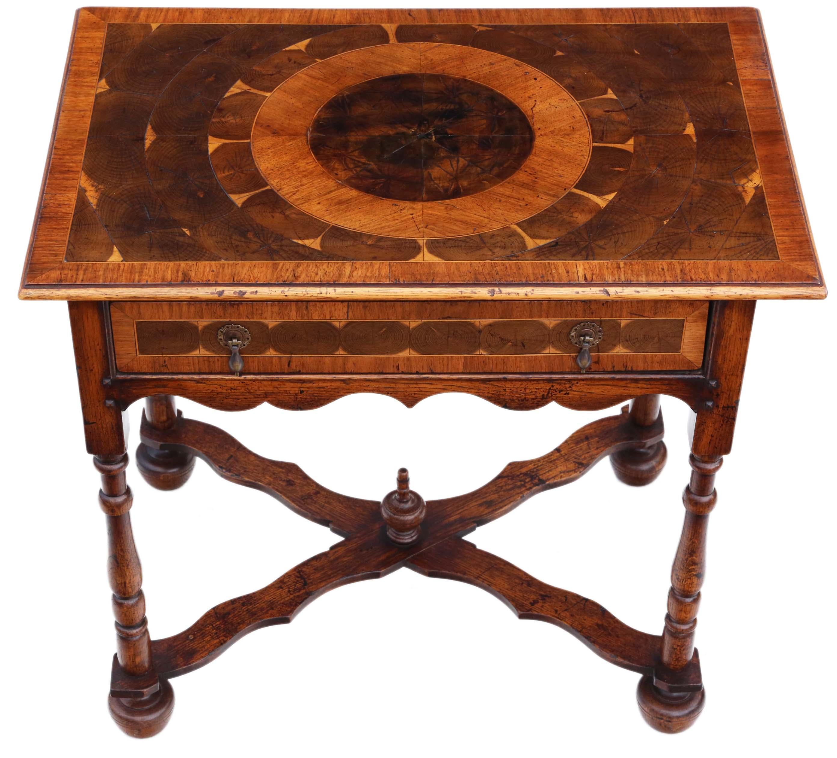 Antique fine quality queen Anne revival walnut and oyster veneer writing side or occasional table C1950. Veneer on oak construction, very heavy and strong.

No loose joints and no woodworm. Full of character and charm. A rare and attractive