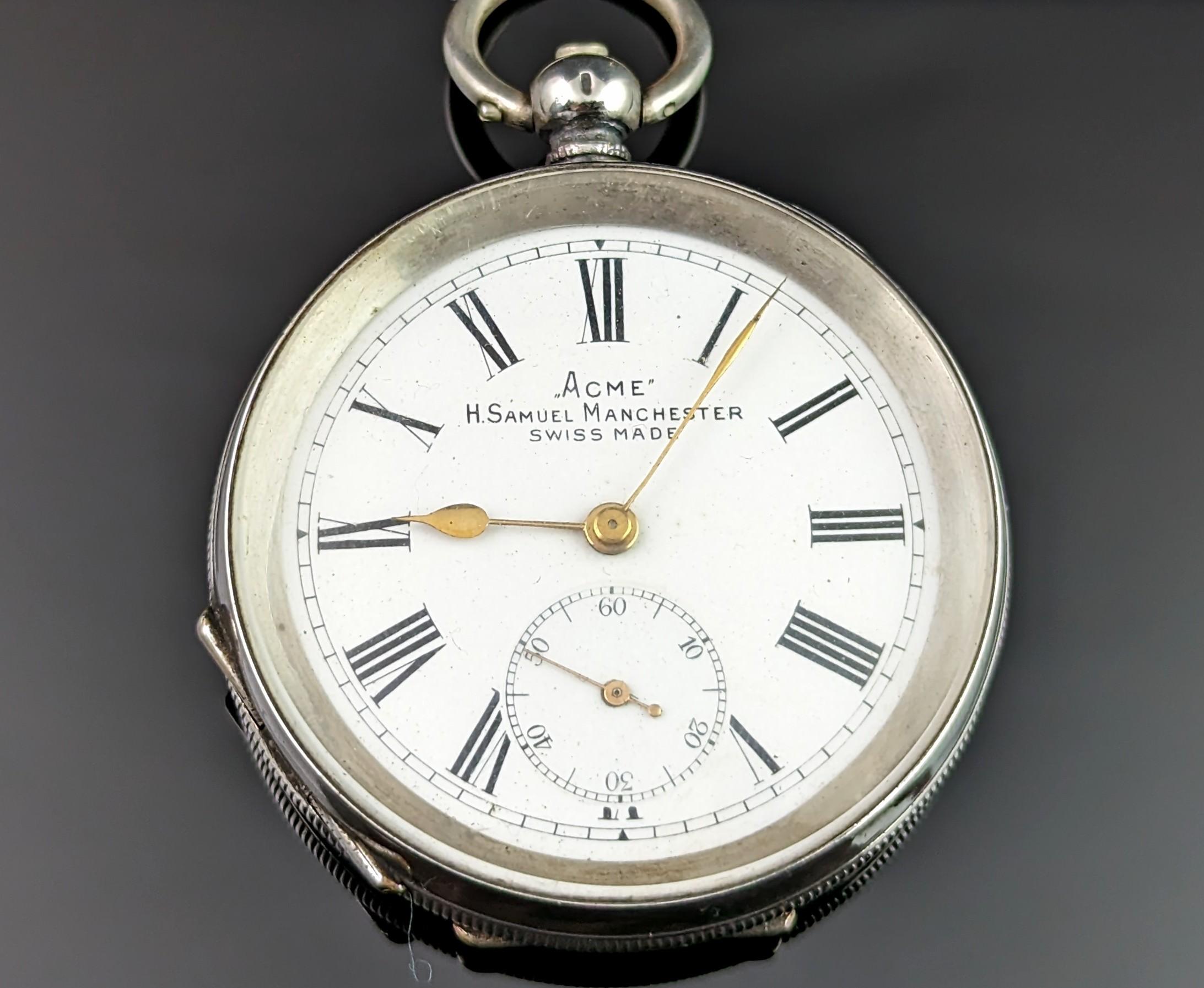 This handsome antique fine silver cased pocket watch would make a wonderful gift!

The case is marked with the Swiss three Bears mark for 935 silver or fine silver, it has a Swiss made movement, imported to the UK for H Samuel Manchester, the watch