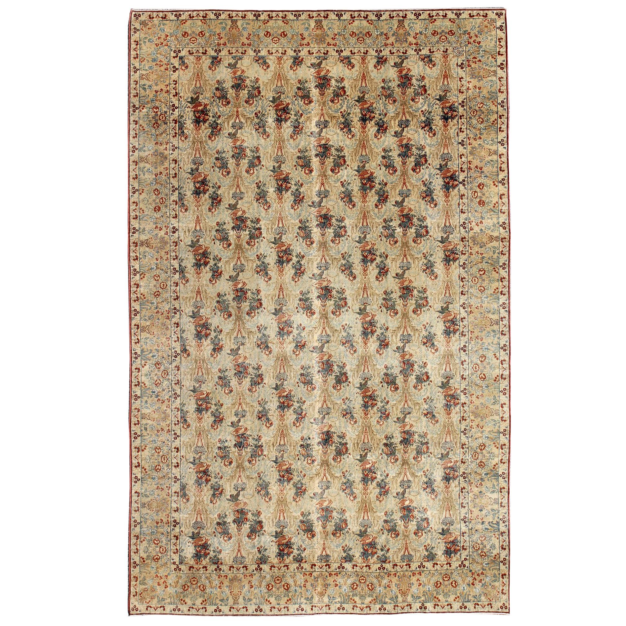 Antique Fine Tabriz Persian Carpet in Ivory Background in Florals & Bird Design For Sale