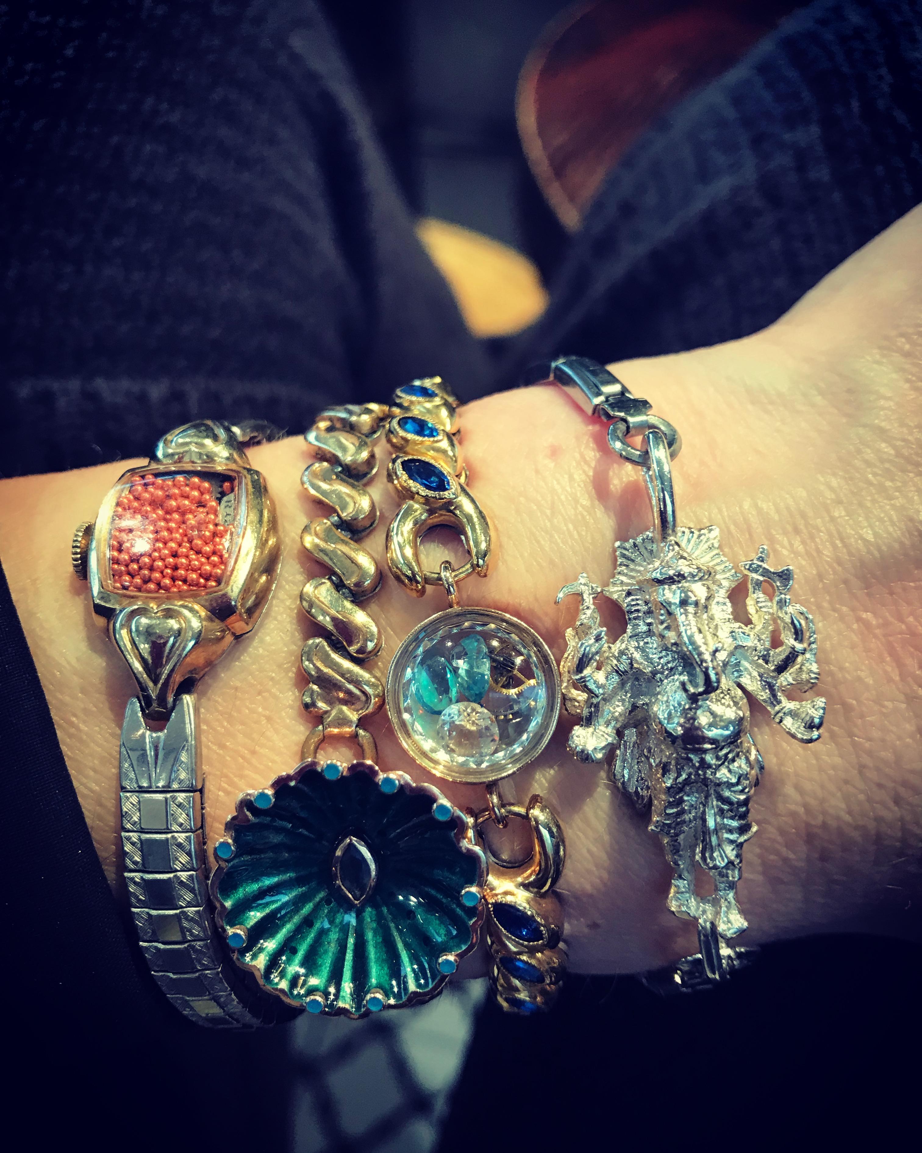 Antique Fine Watch Talisman Bracelet Filled with Vintage Emeralds and Opals  In Excellent Condition For Sale In Marlton, NJ