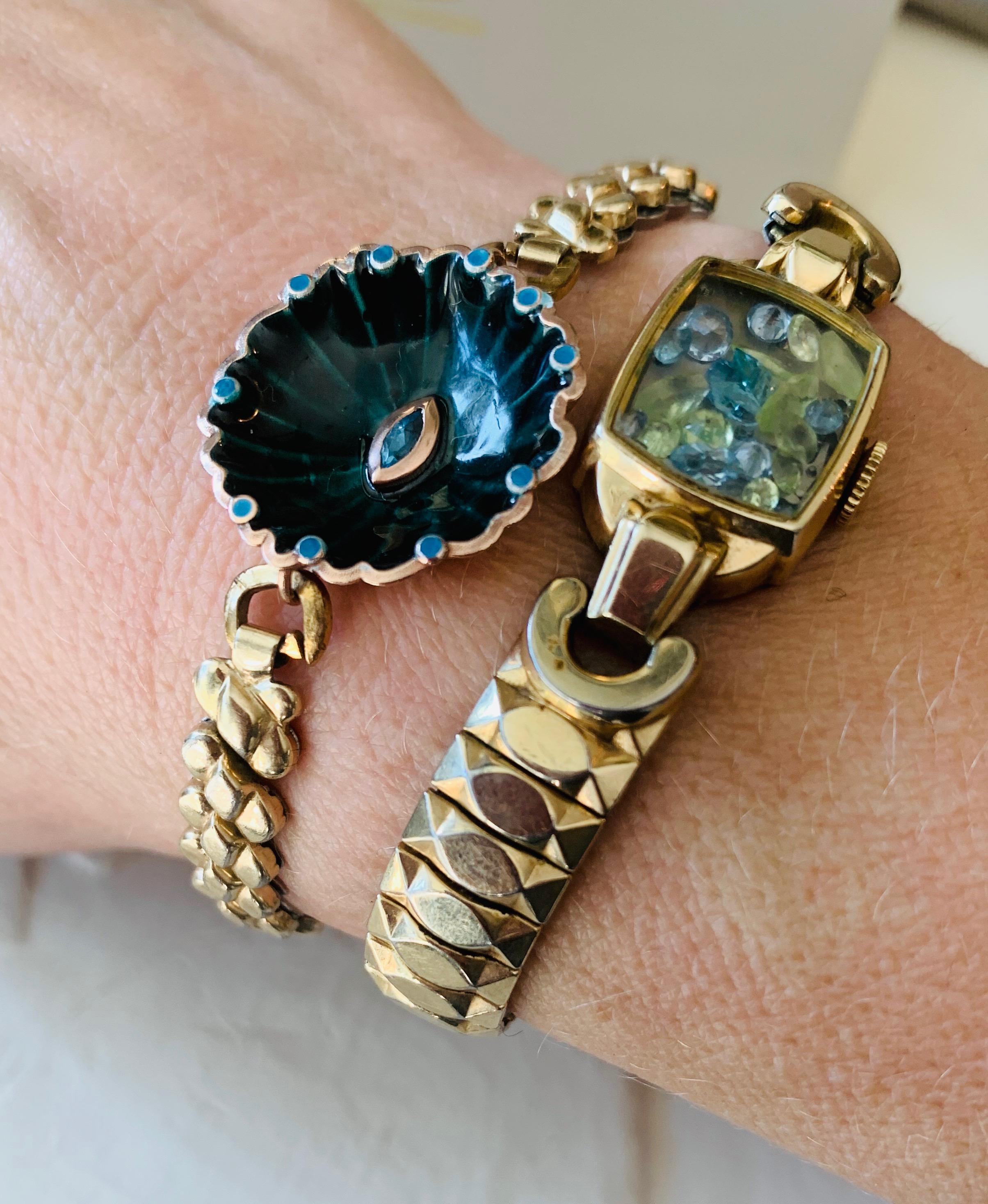 Art Deco Antique Fine Watch Talisman Bracelet Filled with Vintage Topaz and Peridot  For Sale